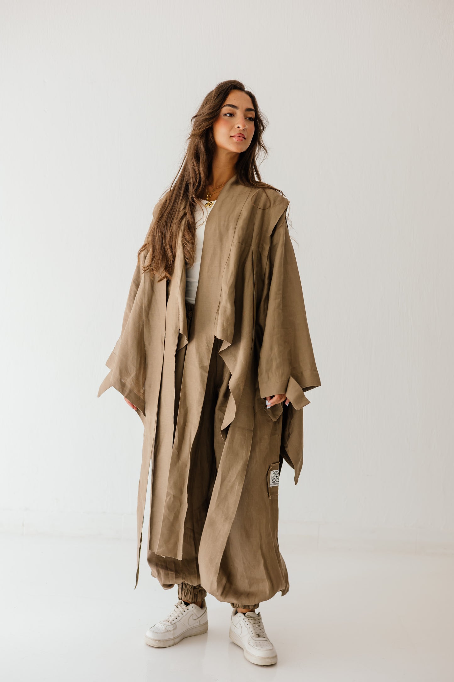 Short Double Collar Kimono In Light Brown