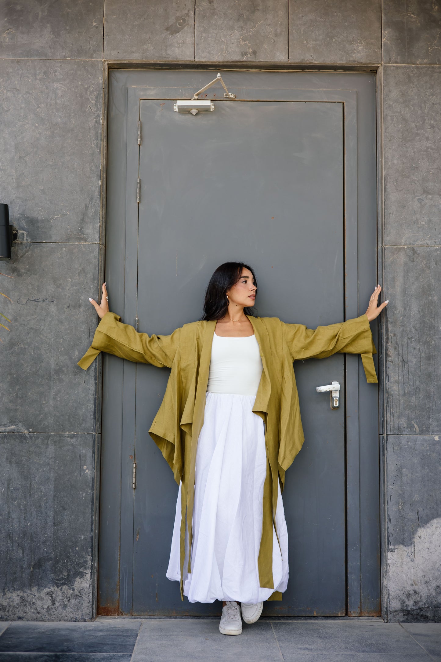 Short Double Collar Kimono In Dark Lime-green