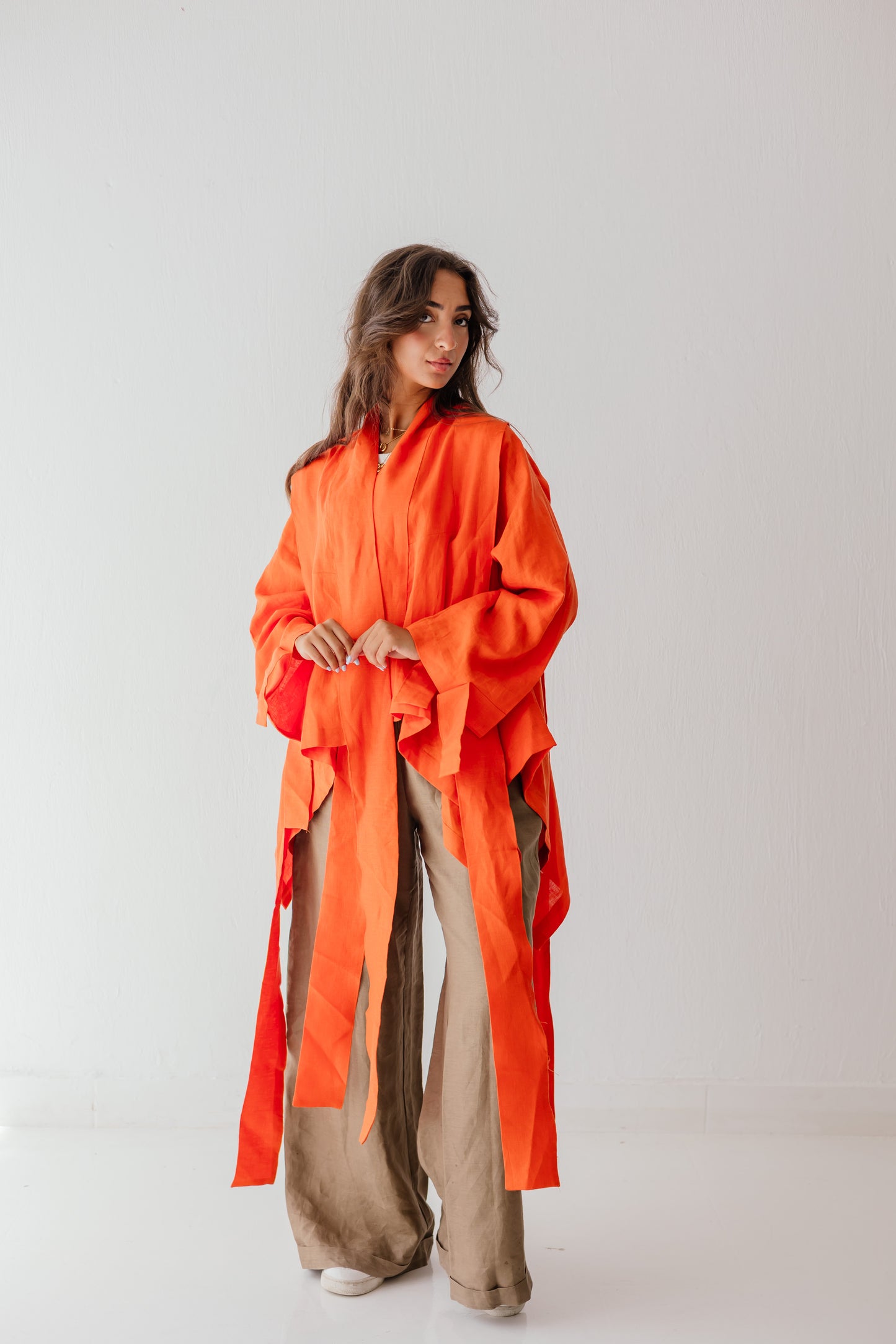 Short Double Collar Kimono In Orange