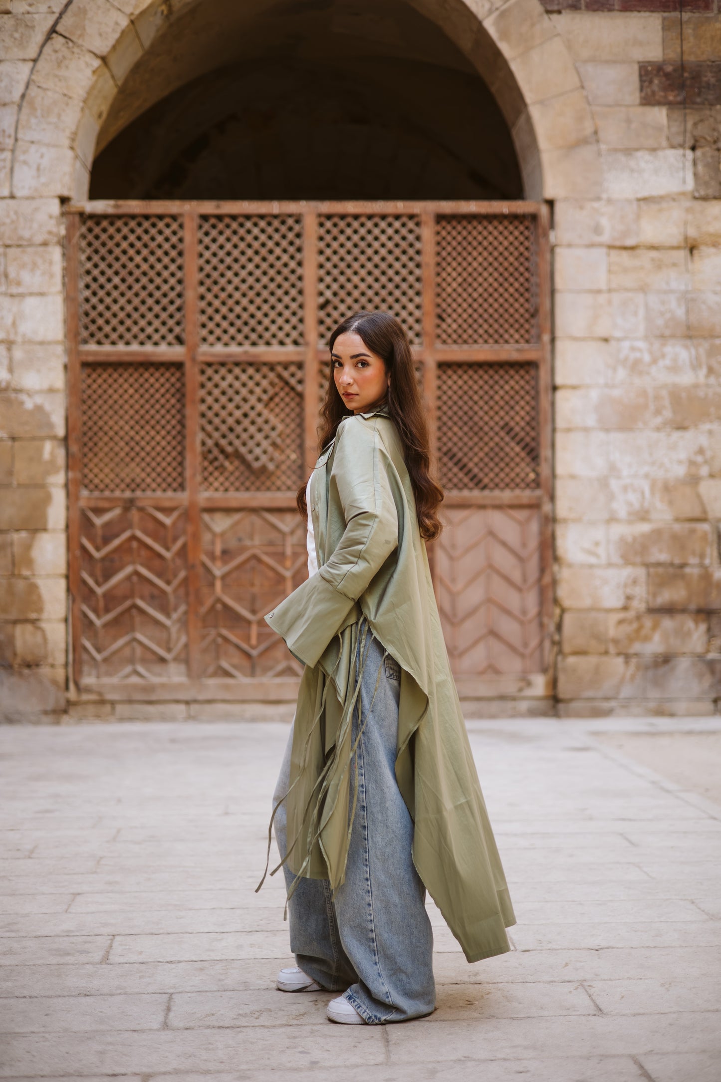 Long Fringes Kaftan In Light-Olive