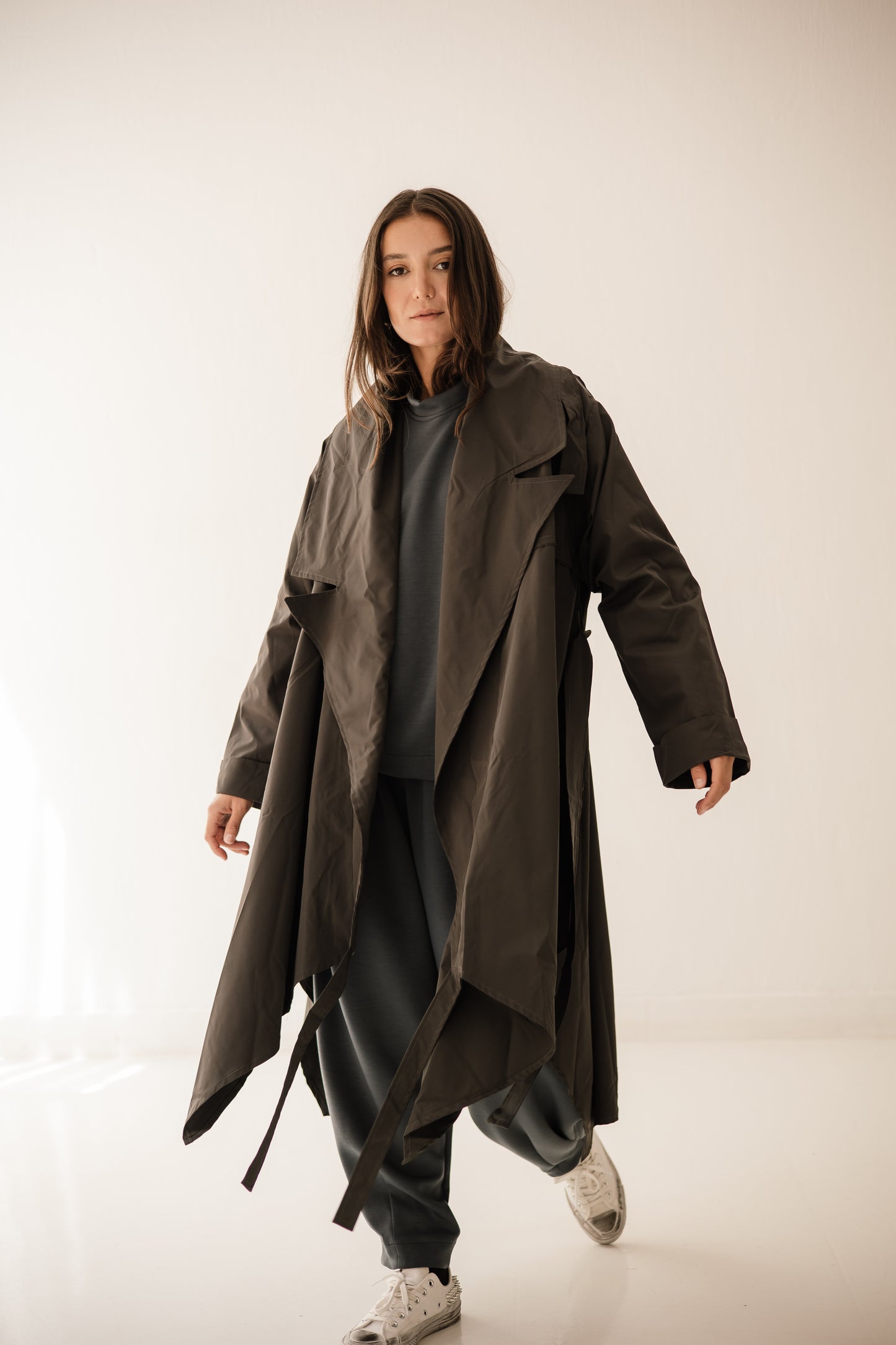 High-low Trench Coat In Dark-grey