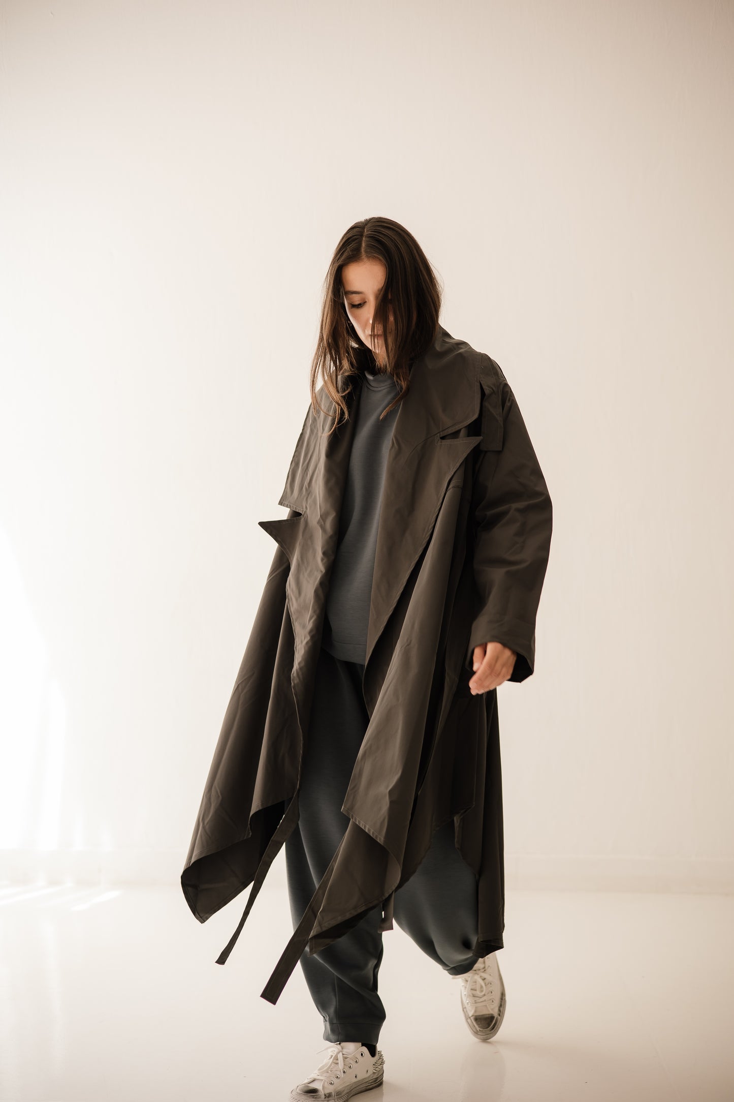 High-low Trench Coat In Dark-grey