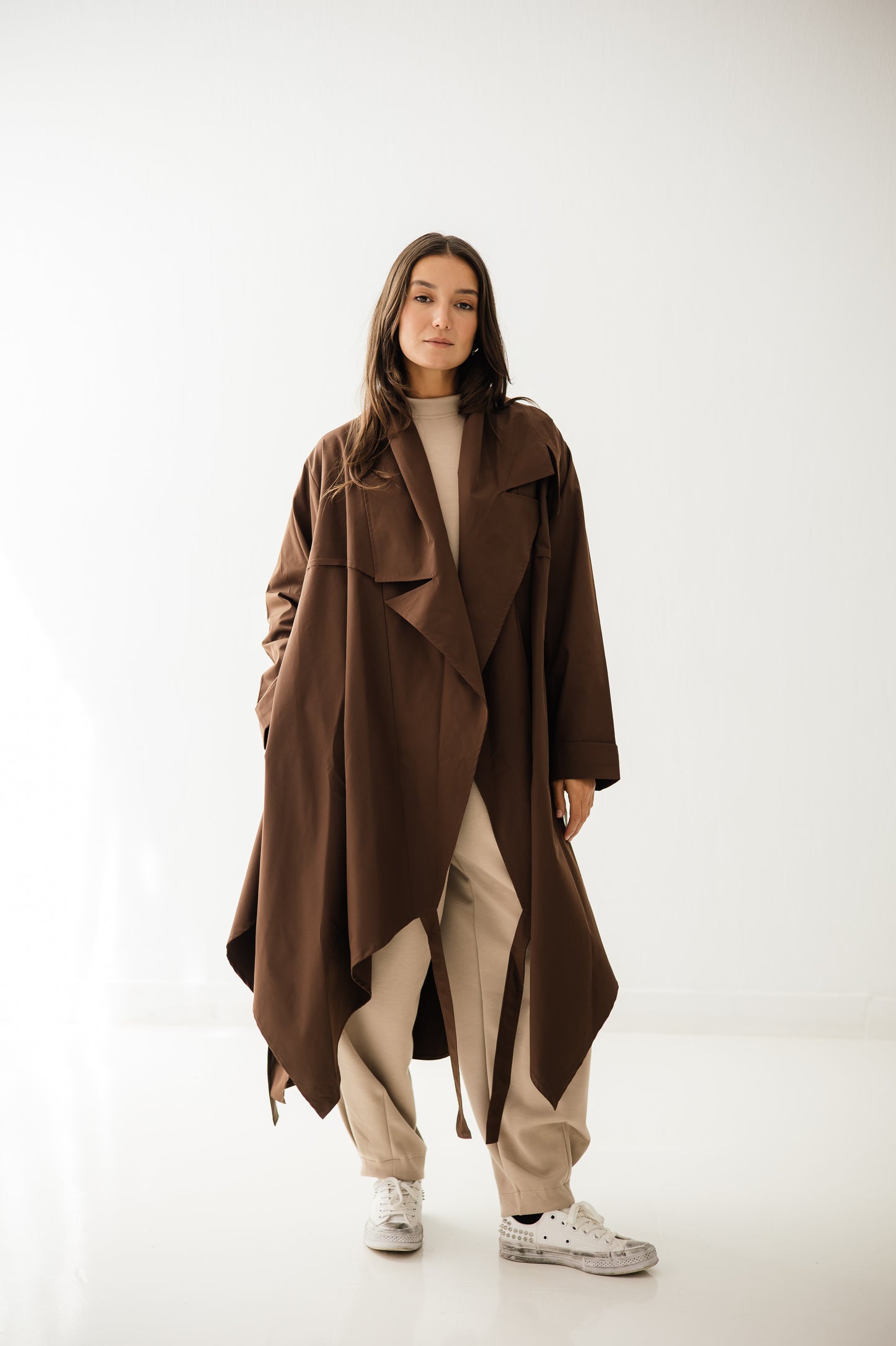 High-low Trench Coat In Brown
