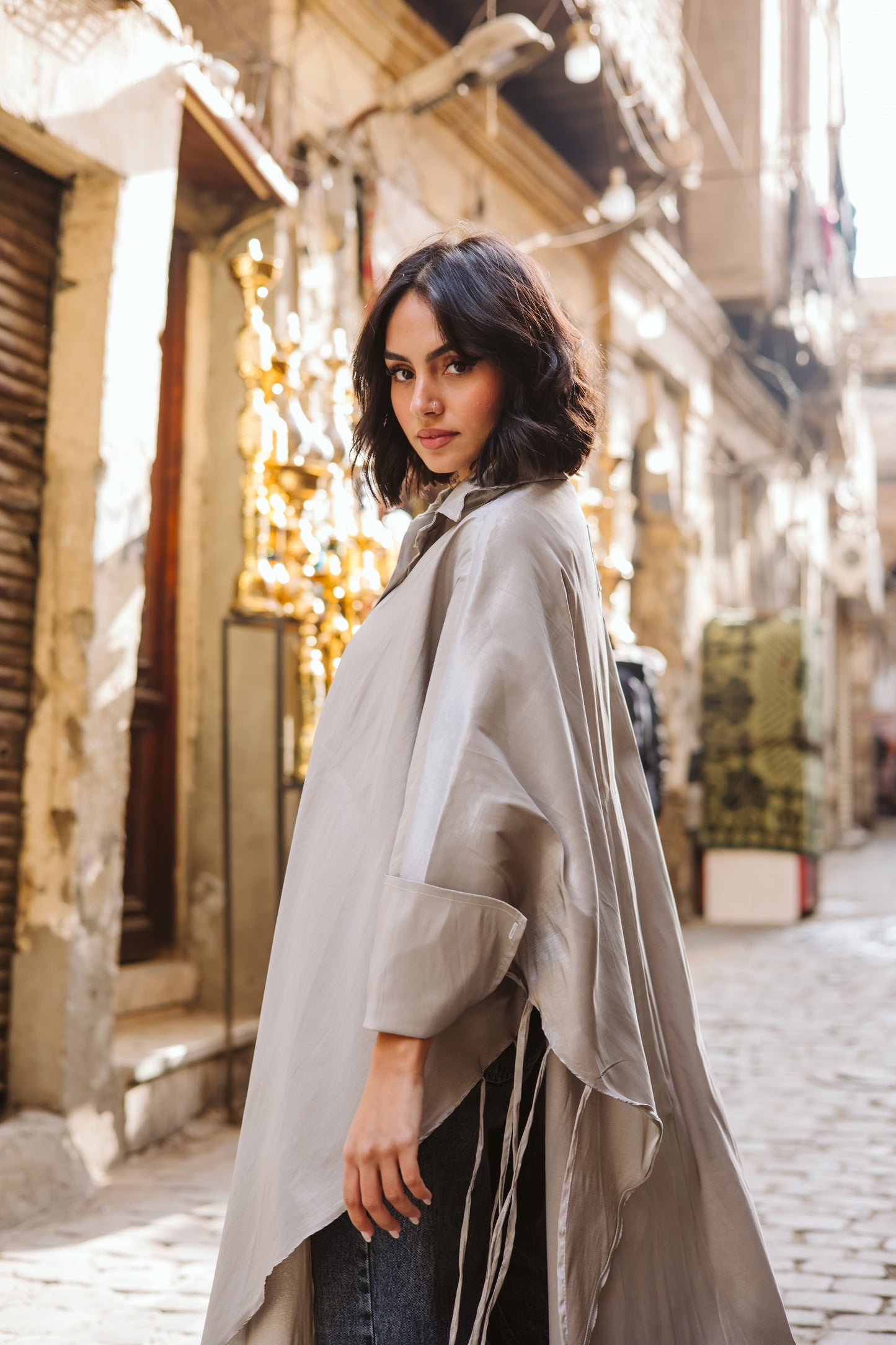 Long Fringes Kaftan In Light-Grey