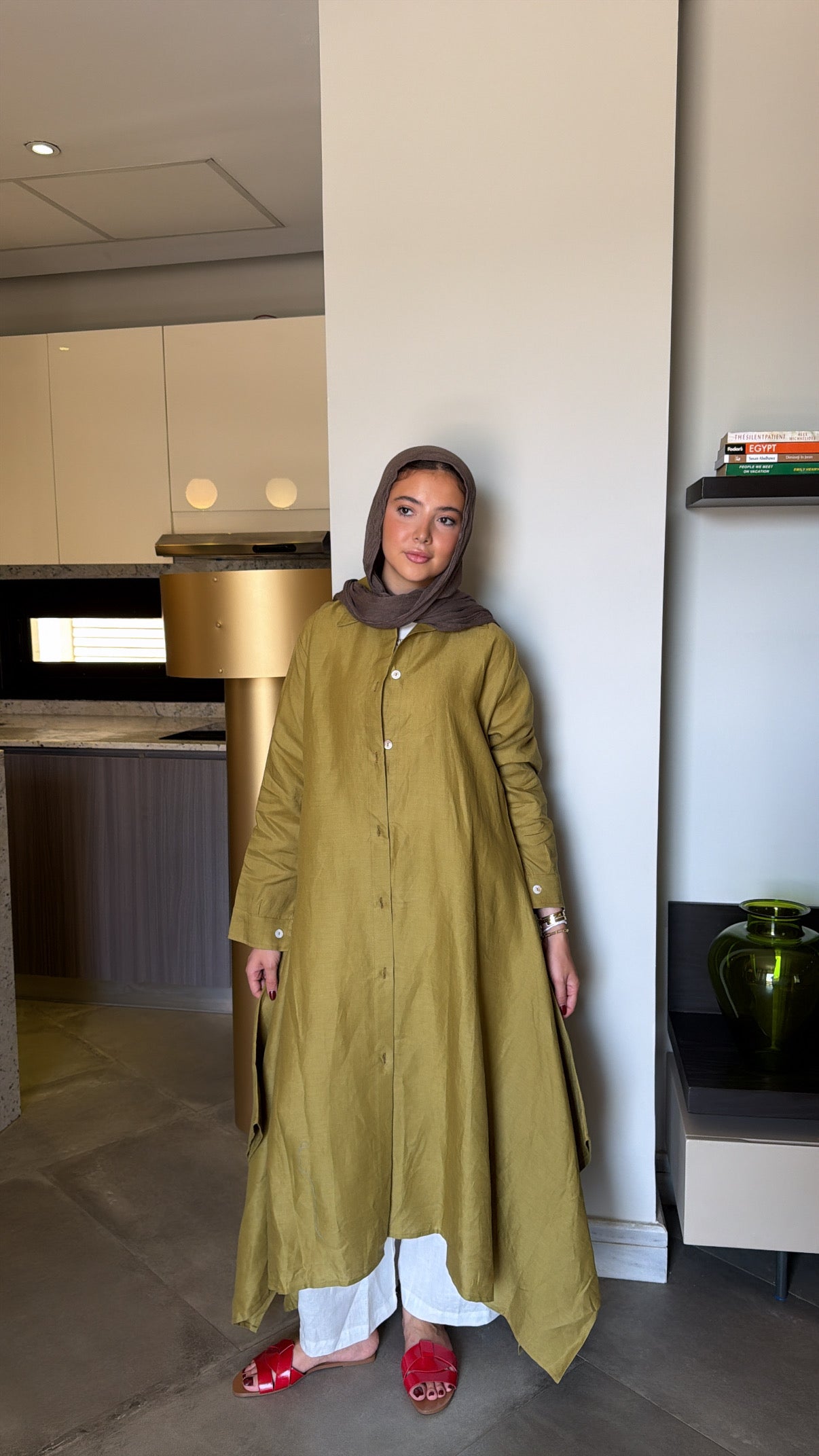 Long shirt in dark lime-green