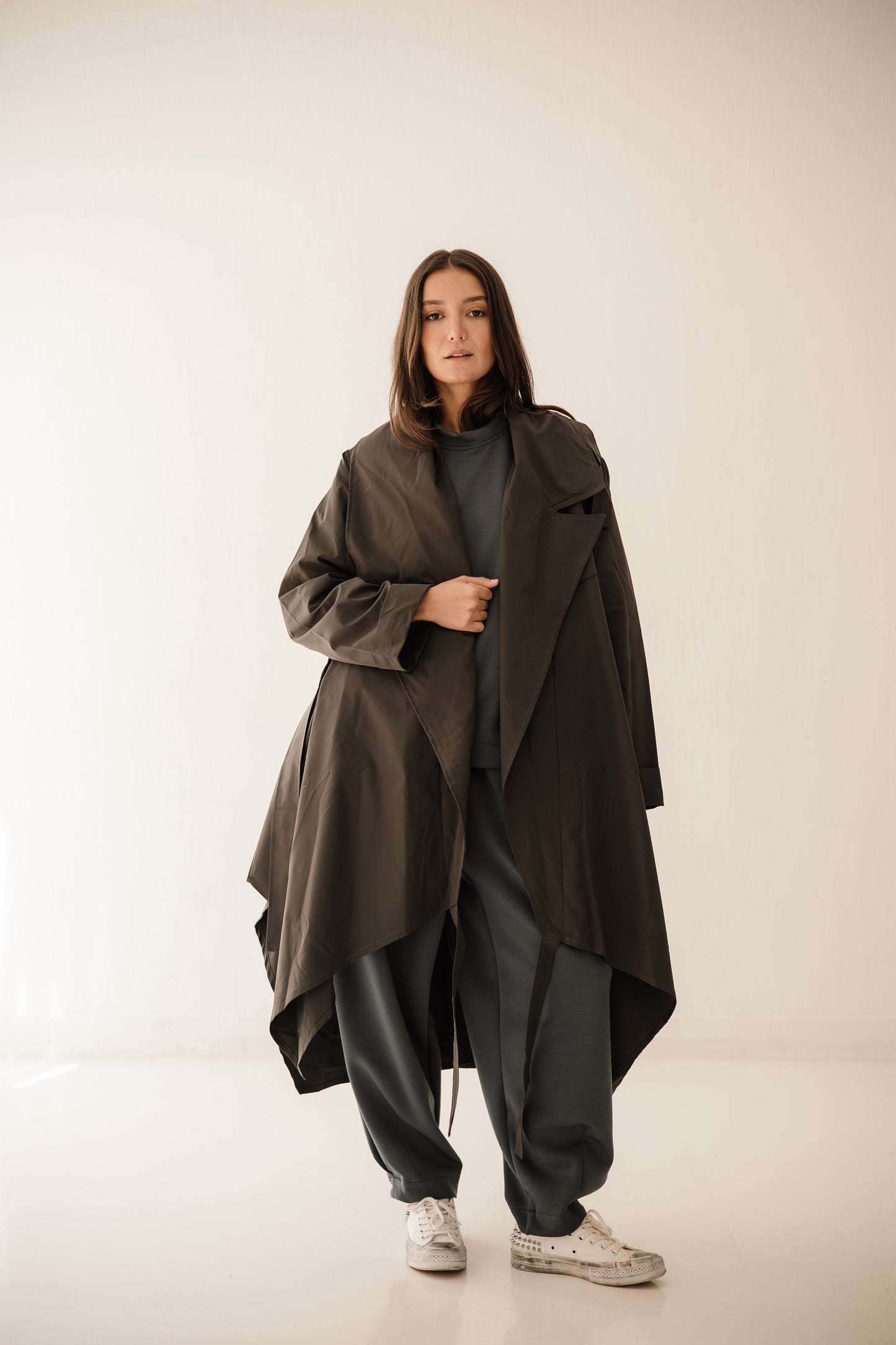High-low Trench Coat In Dark-grey