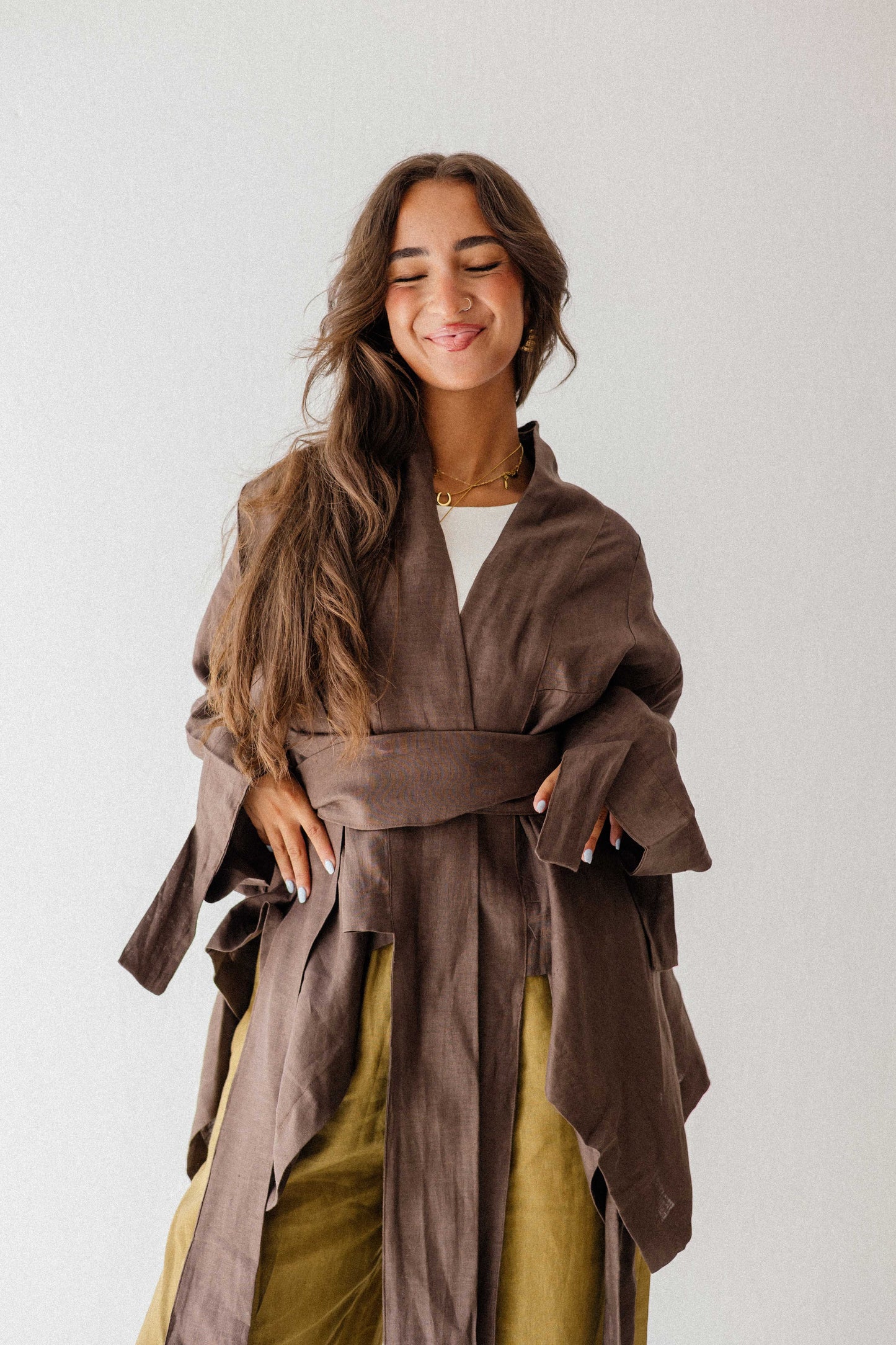 Short Double Collar Kimono In Brown