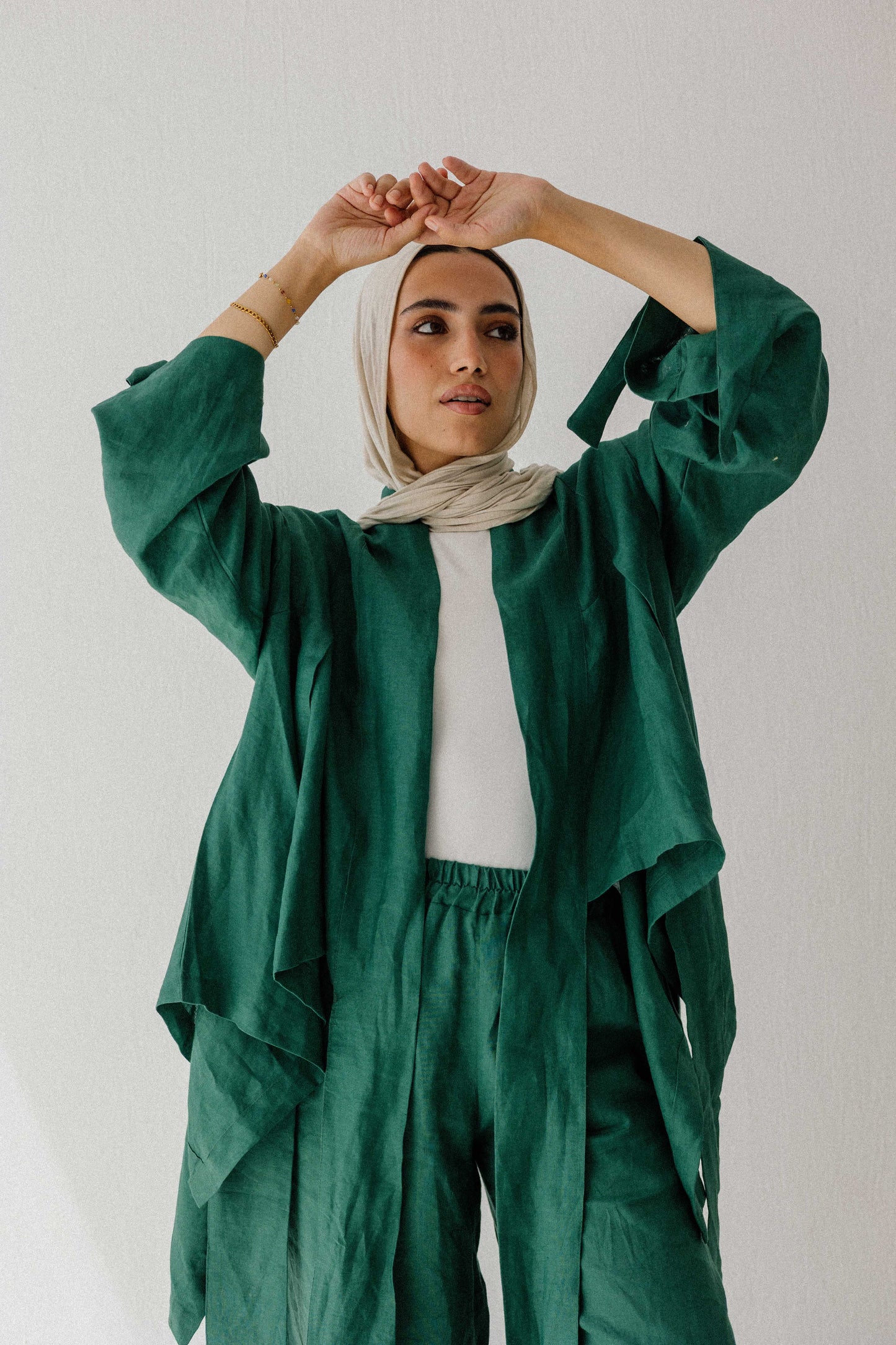 Short Double Collar Kimono In Dark Green