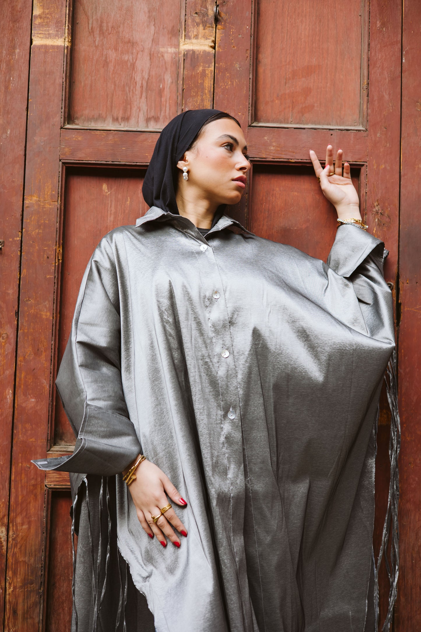 Long Fringes Kaftan In Dark-Grey