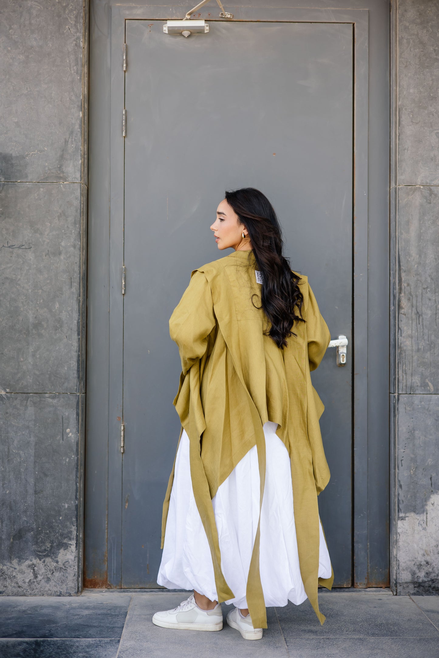 Short Double Collar Kimono In Dark Lime-green
