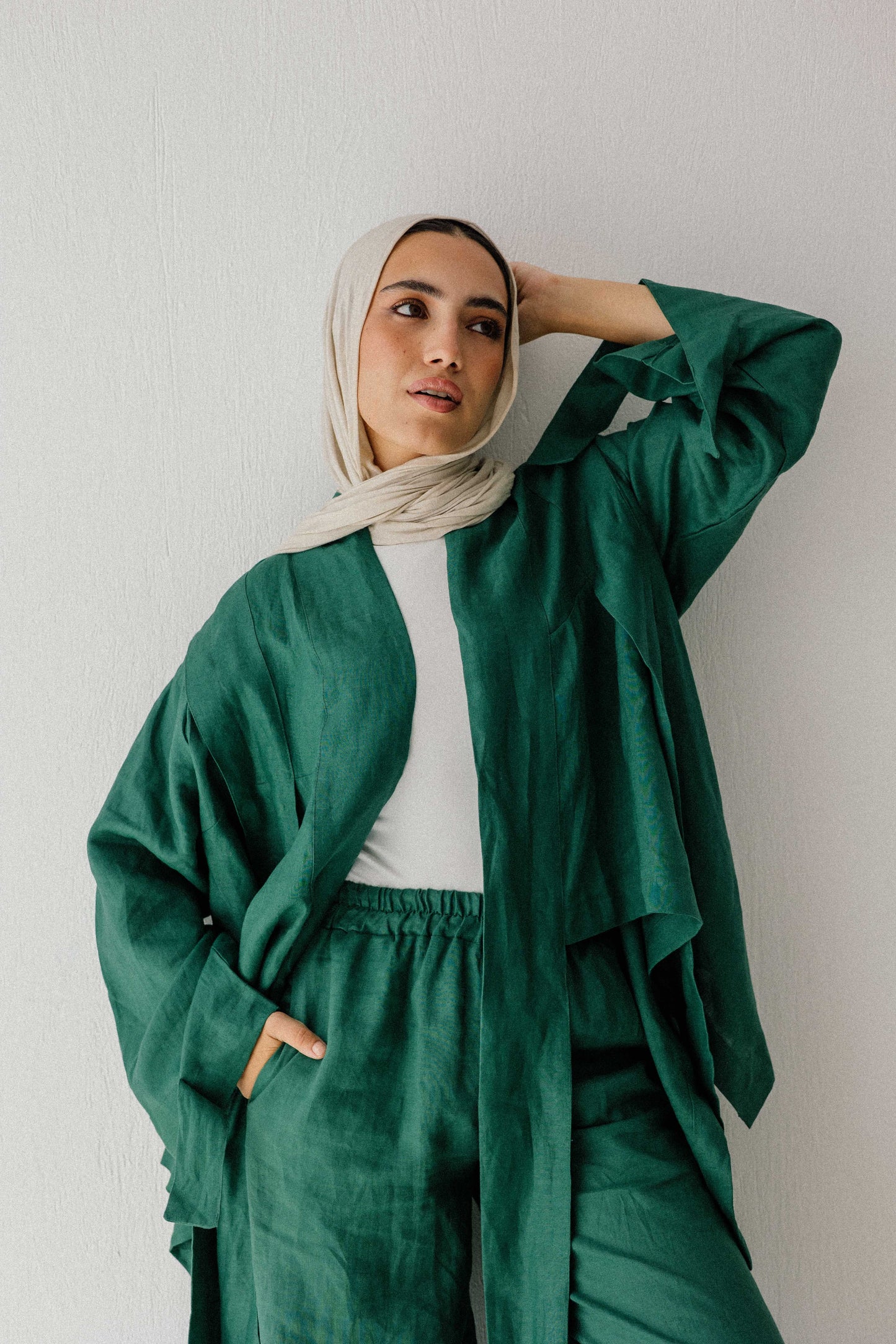 Short Double Collar Kimono In Dark Green