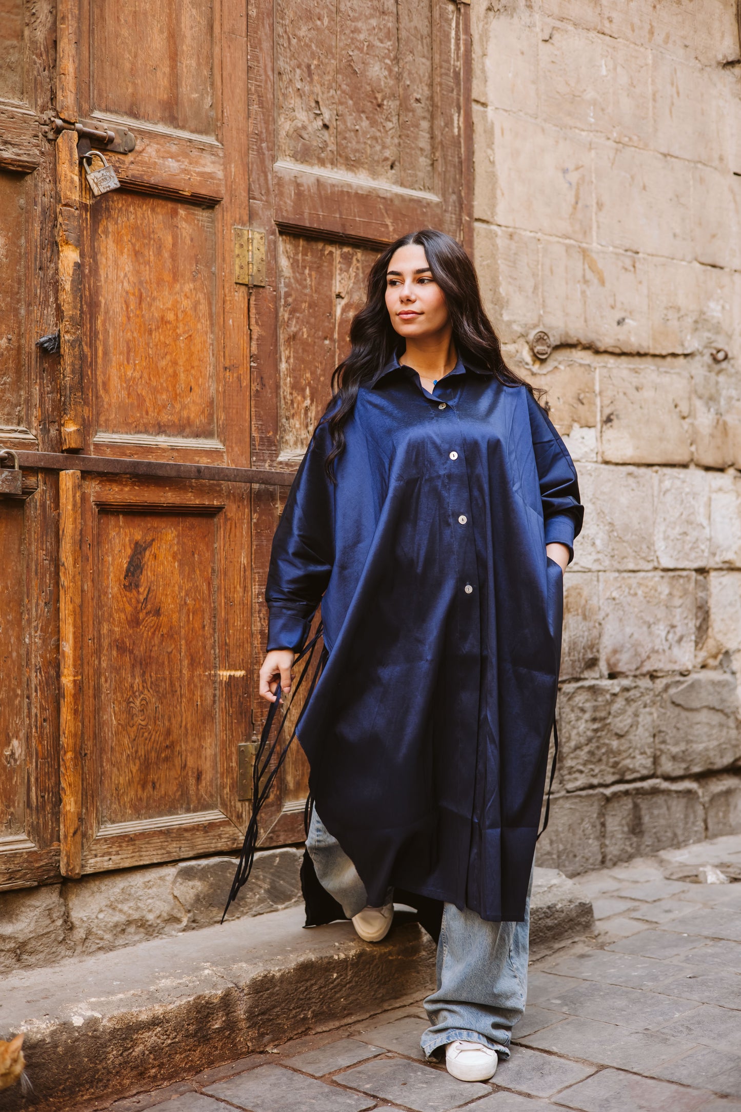 Long Fringes Kaftan In Dark-Blue
