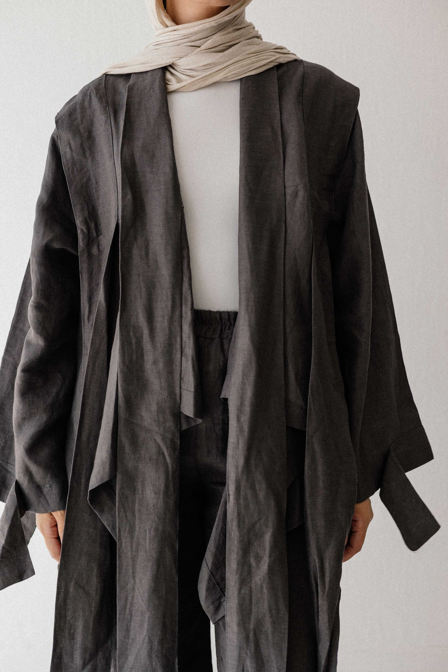 Short Double Collar Kimono In Dark-grey