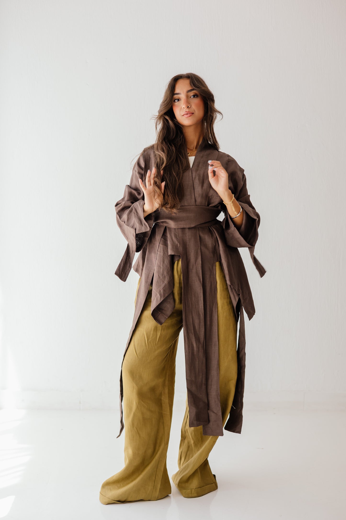 Short Double Collar Kimono In Brown