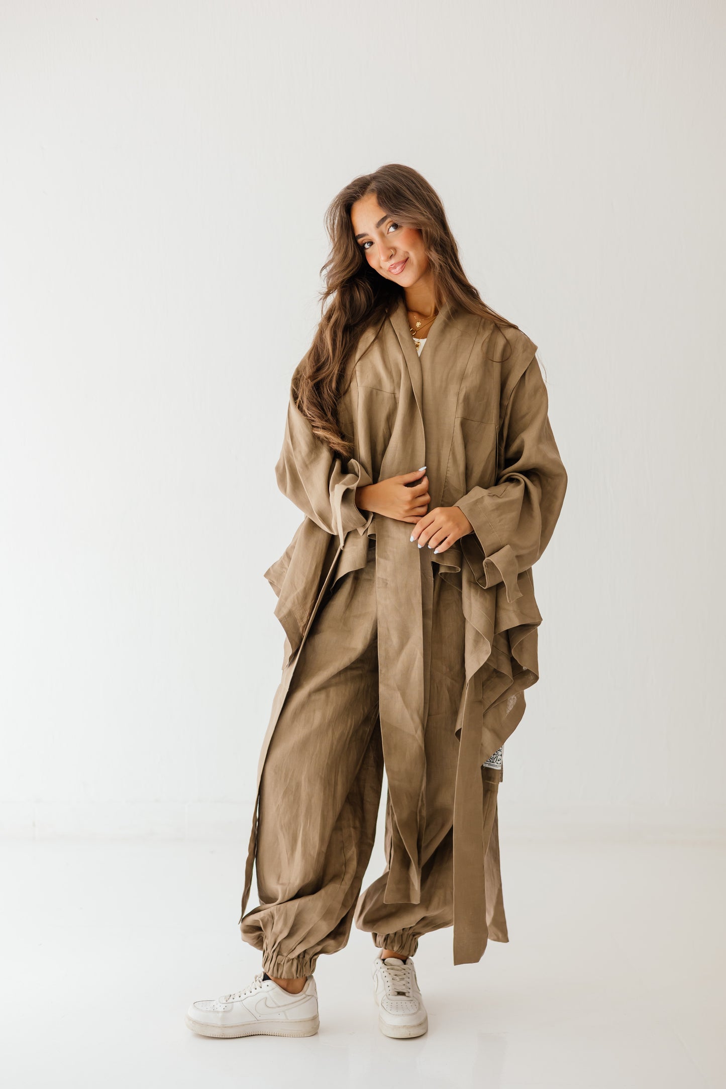 Short Double Collar Kimono In Light Brown