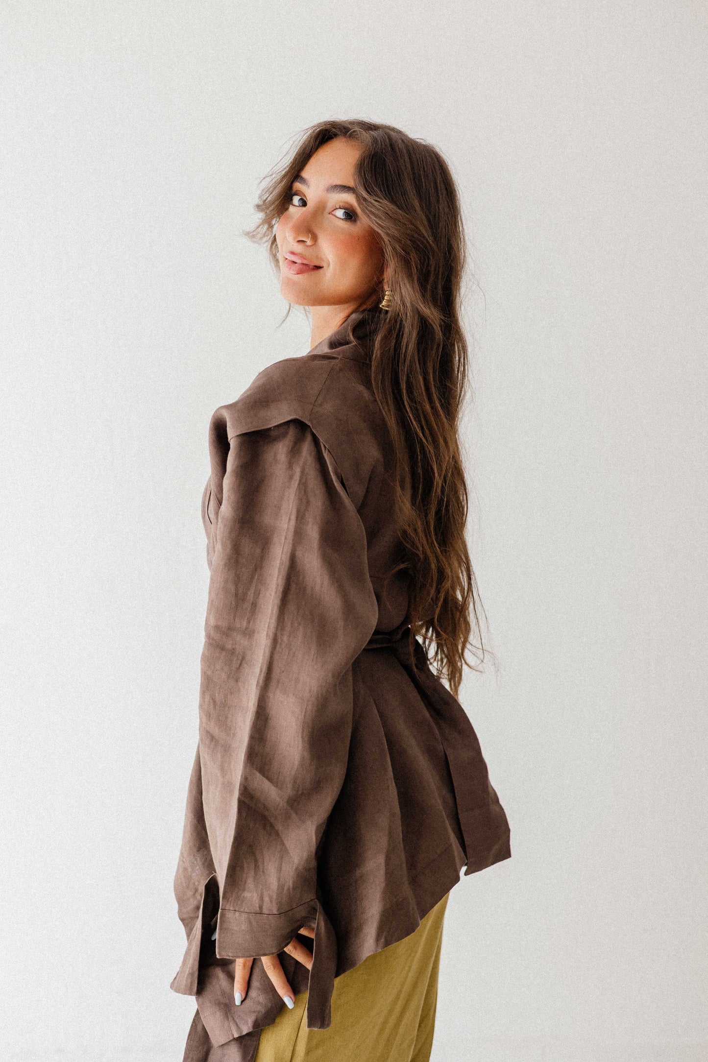Short Double Collar Kimono In Brown