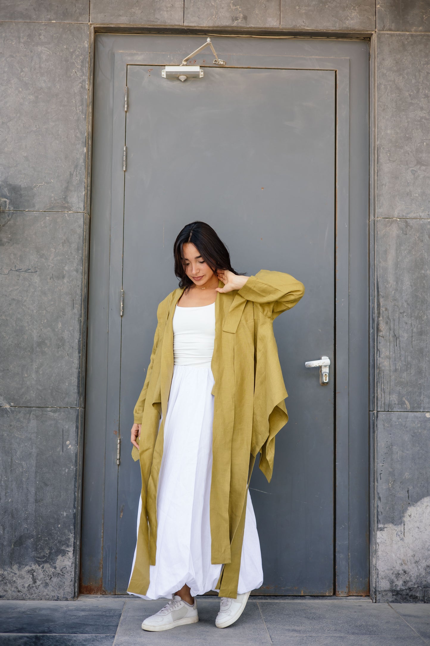 Short Double Collar Kimono In Dark Lime-green