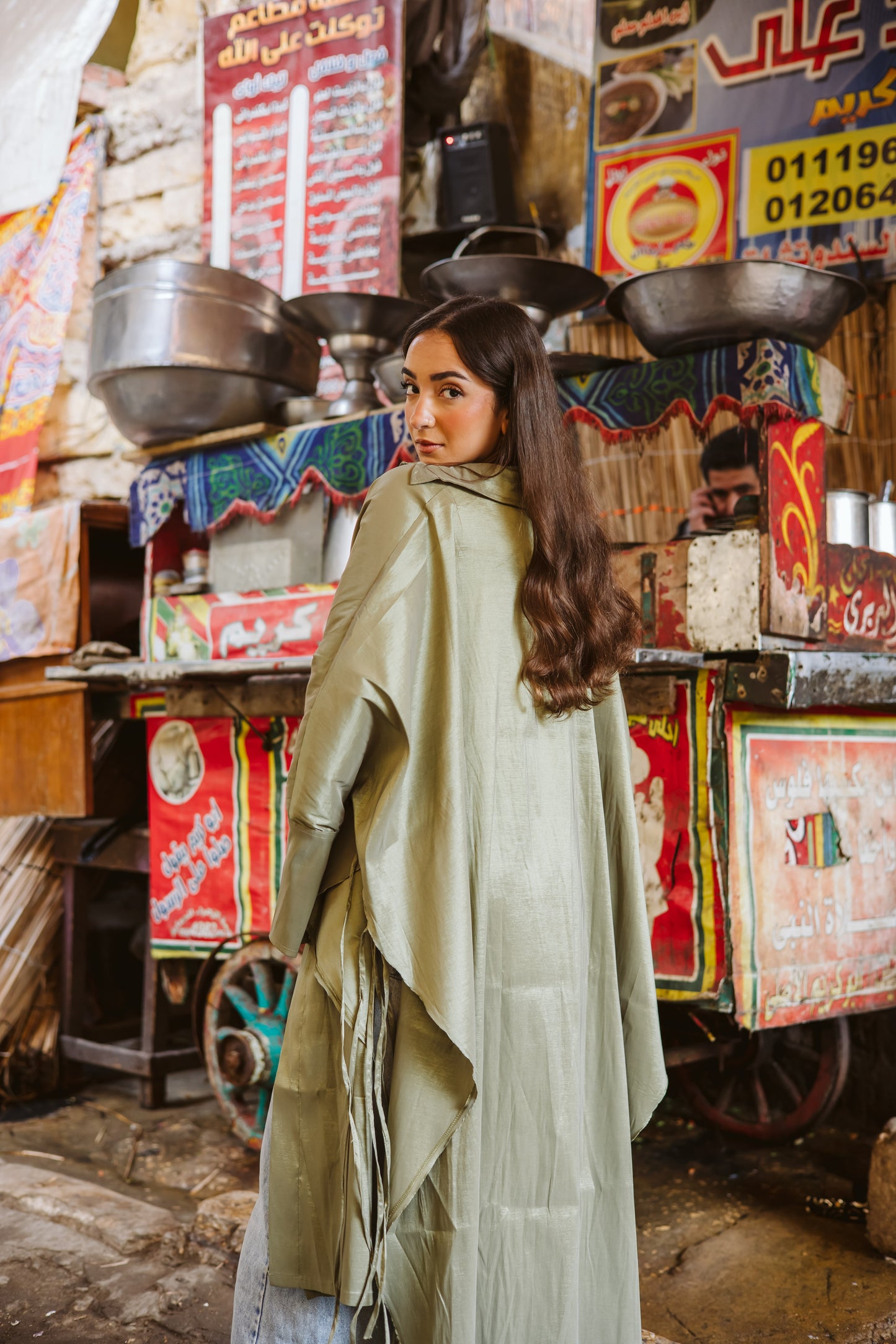 Long Fringes Kaftan In Light-Olive