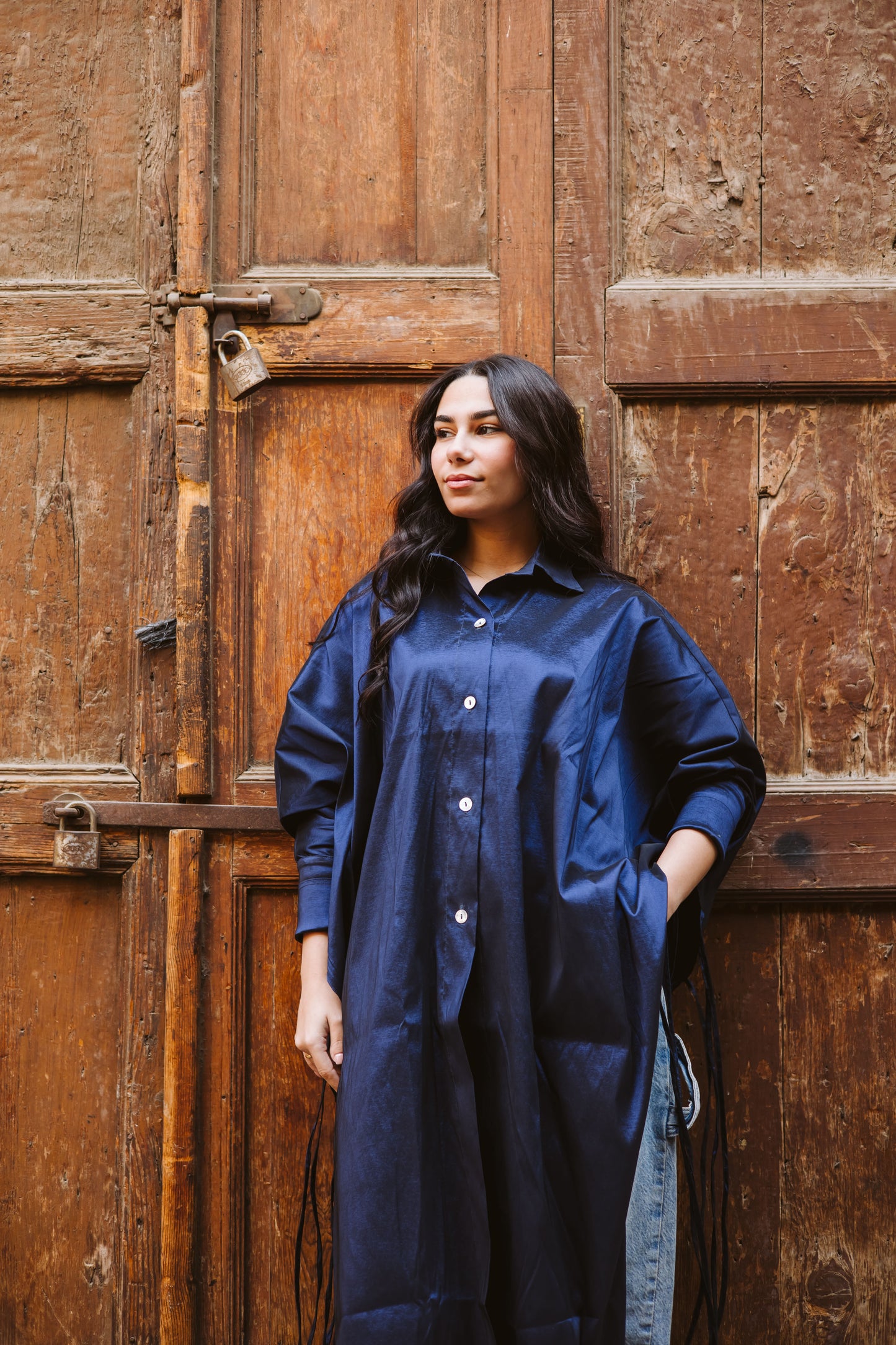 Long Fringes Kaftan In Dark-Blue