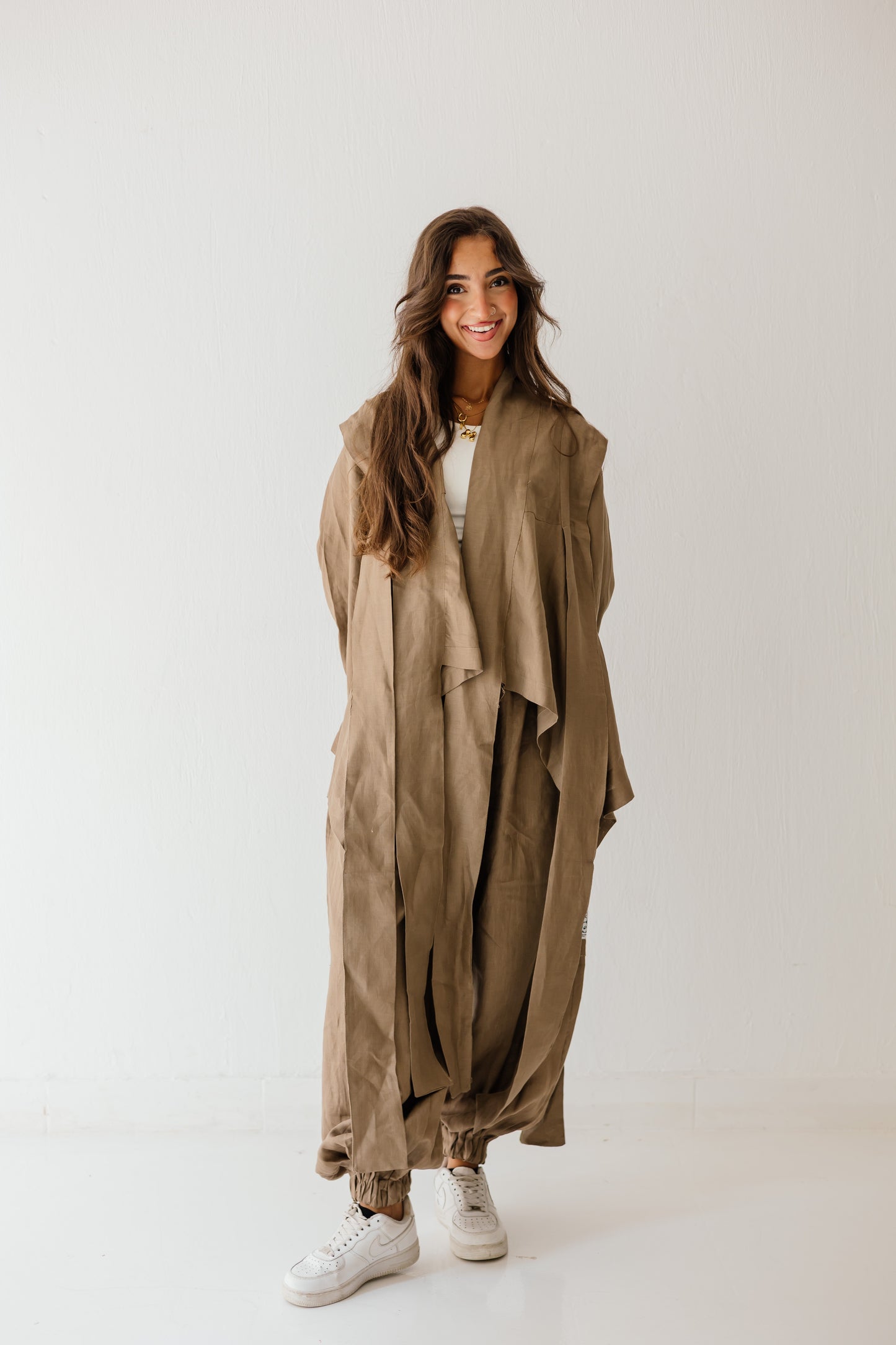 Short Double Collar Kimono In Light Brown