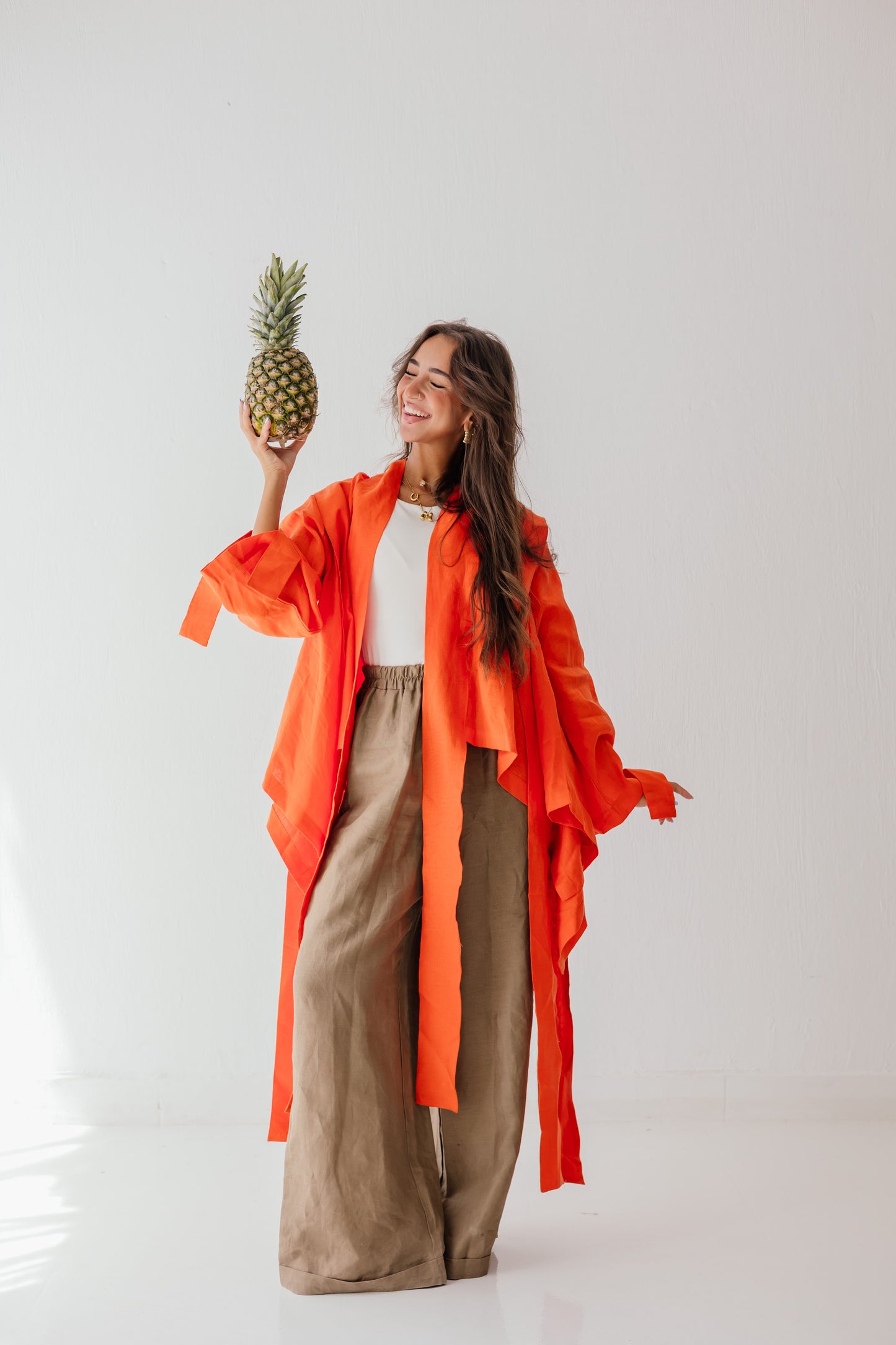 Short Double Collar Kimono In Orange