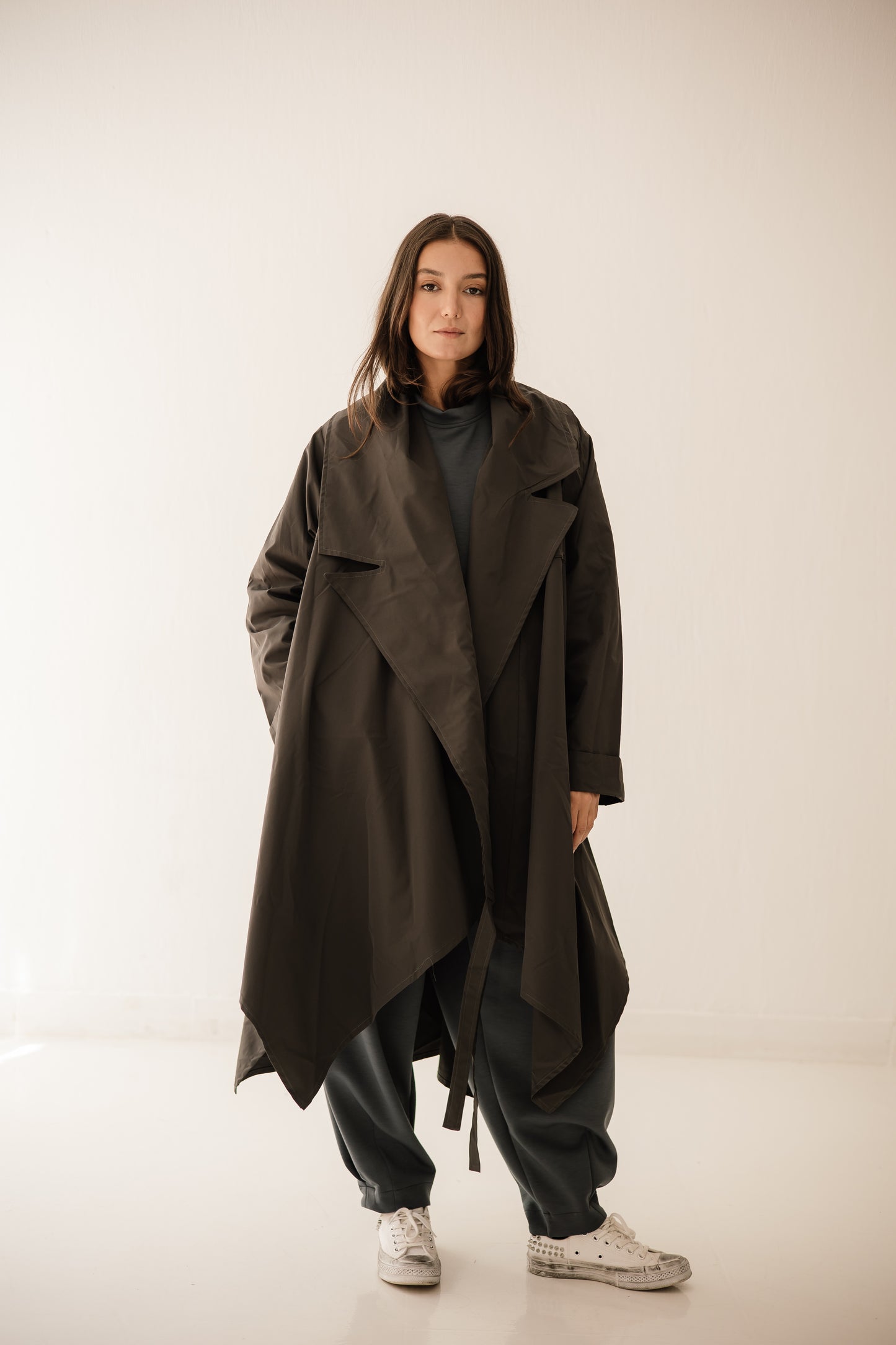 High-low Trench Coat In Dark-grey
