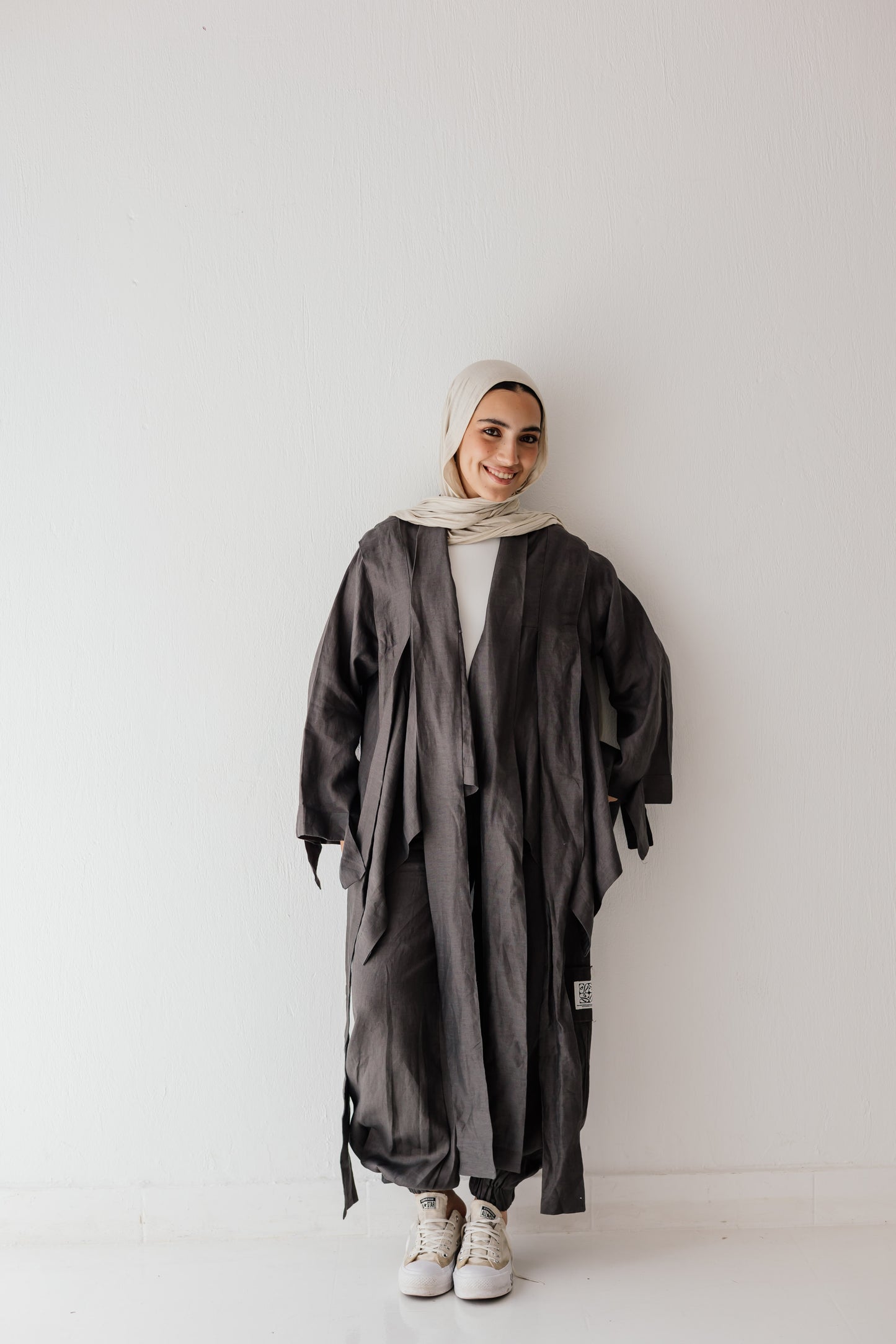 Short Double Collar Kimono In Dark-grey