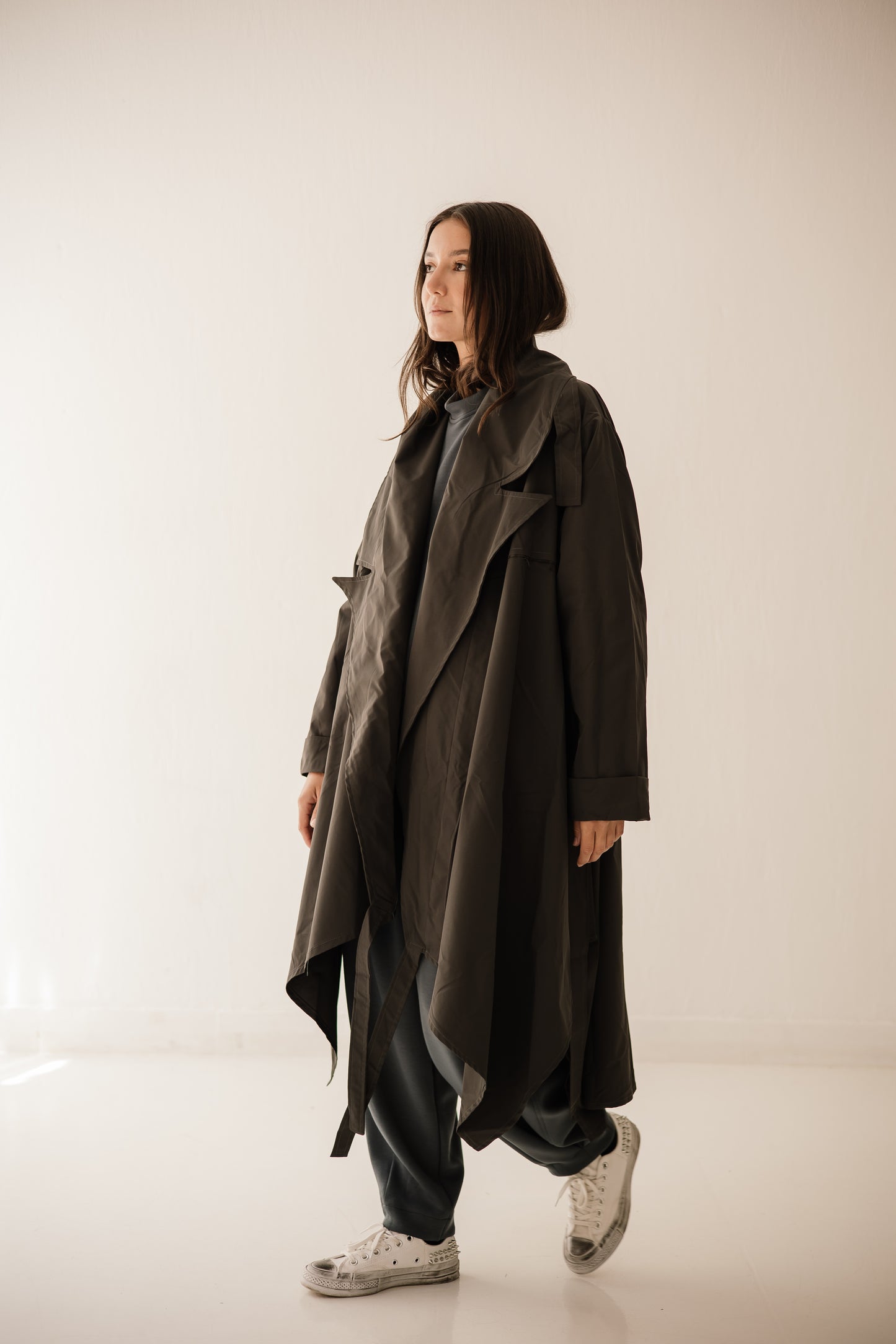 High-low Trench Coat In Dark-grey