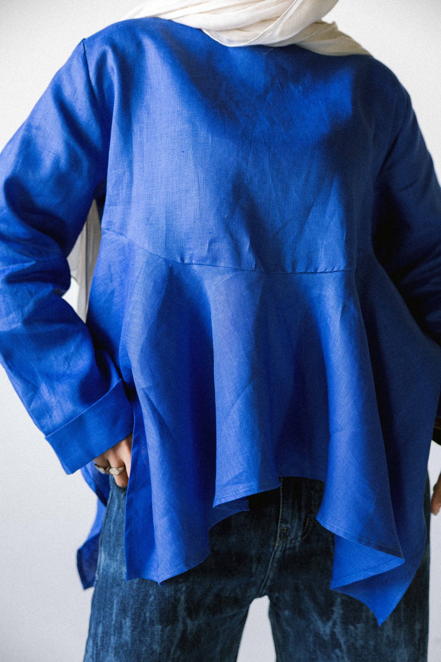 Ruffeled linen top in royal-blue