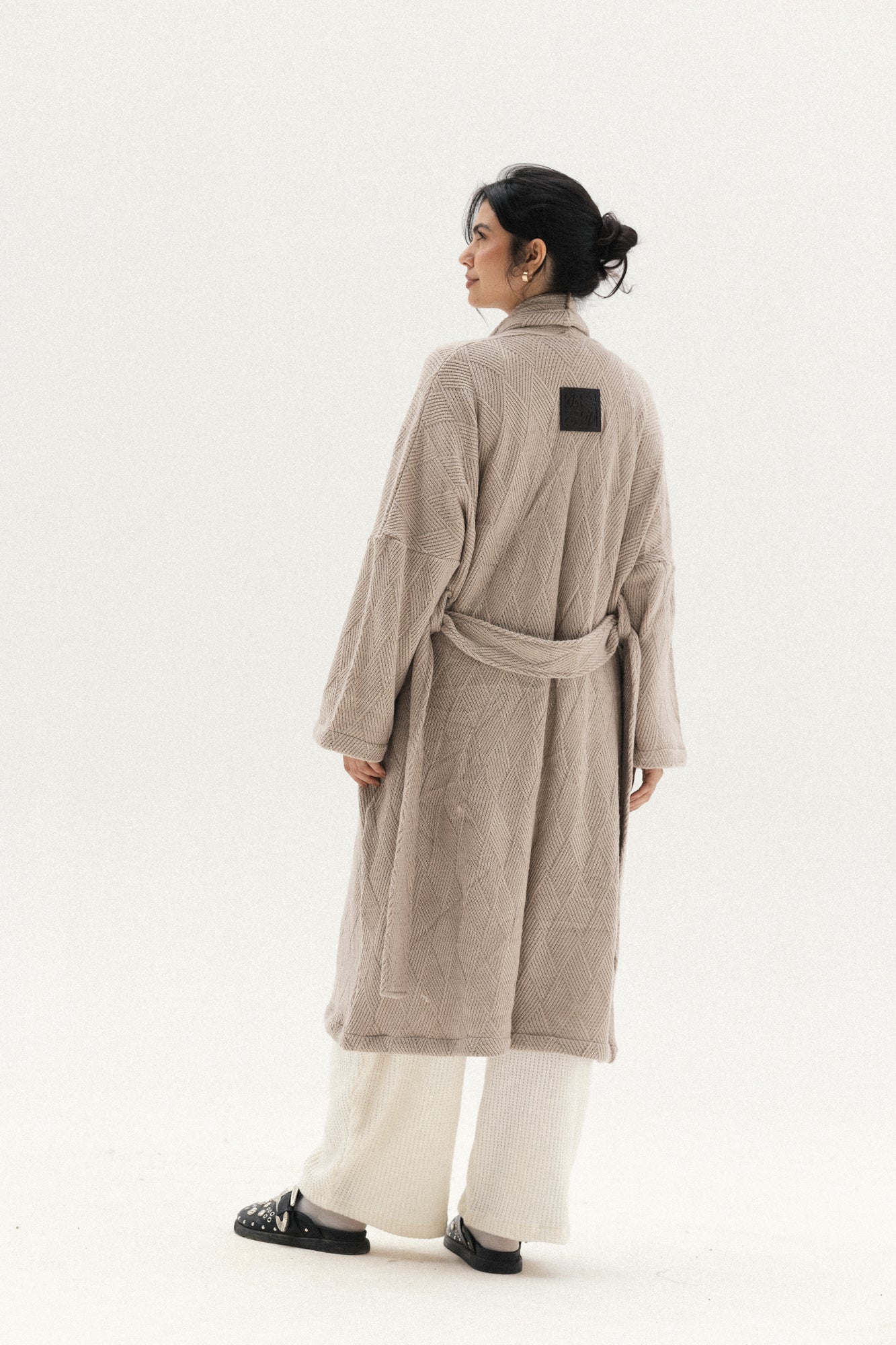 Knitted Cross-lines Kimono In Cafe