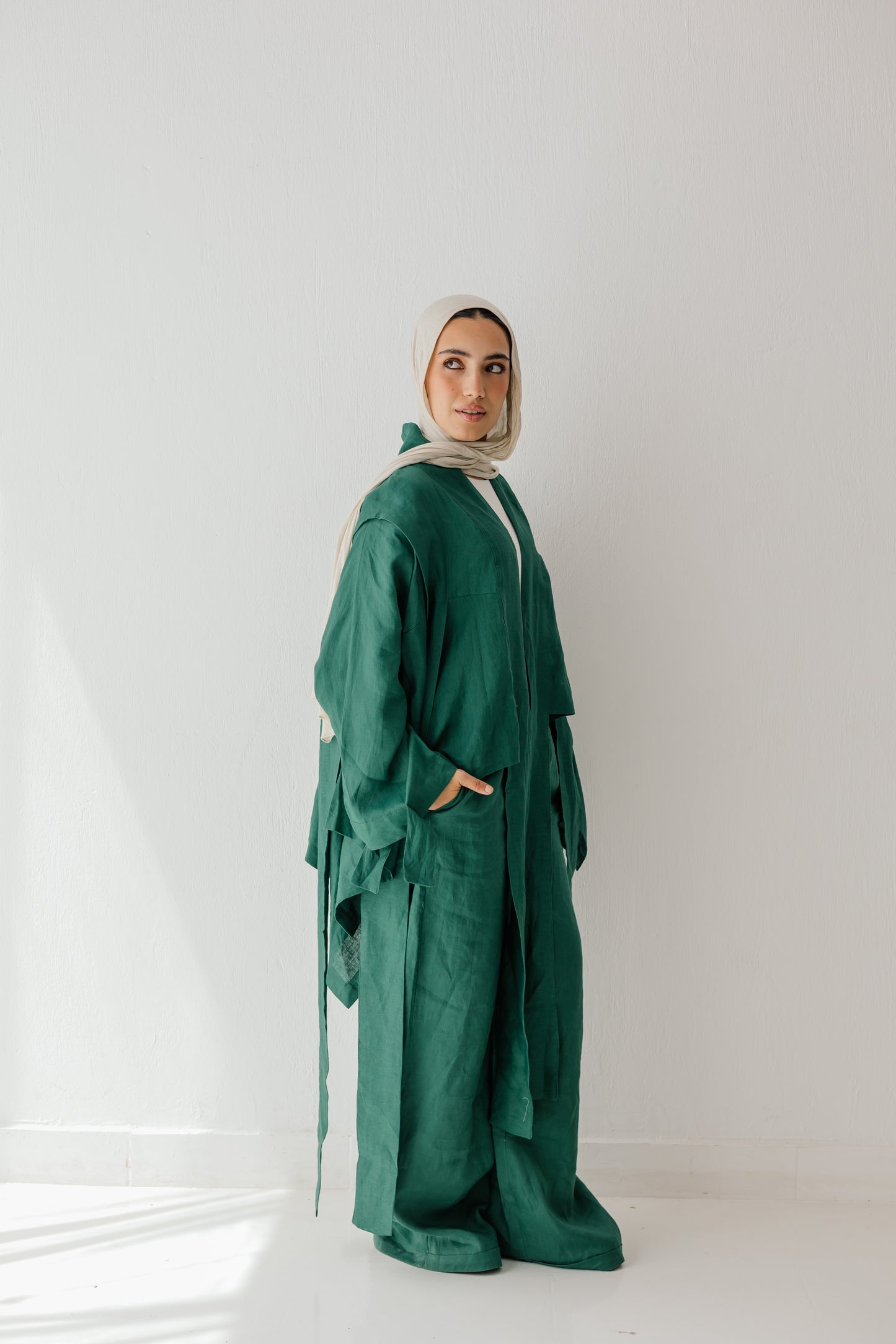 Short Double Collar Kimono In Dark Green