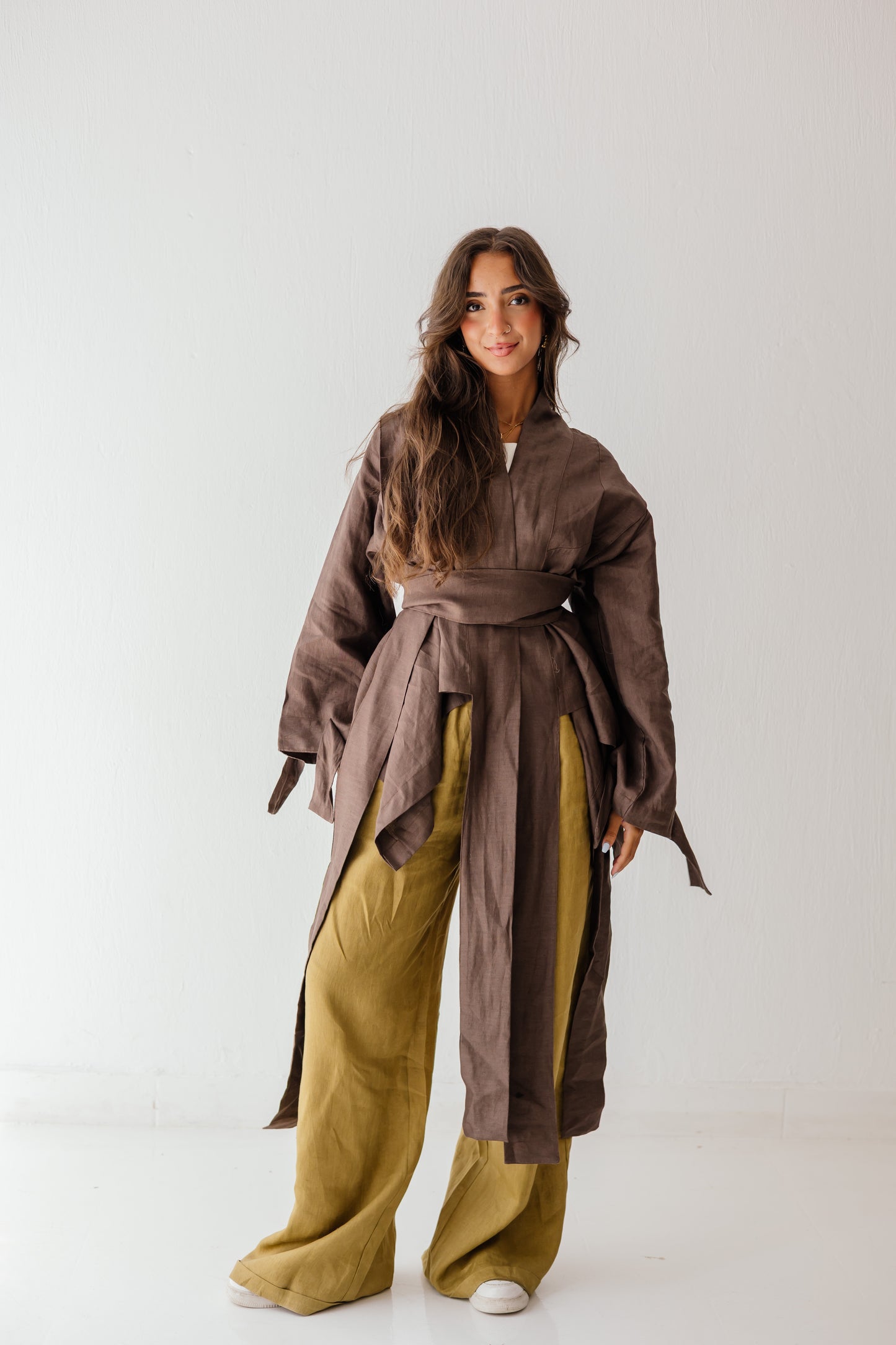 Short Double Collar Kimono In Brown