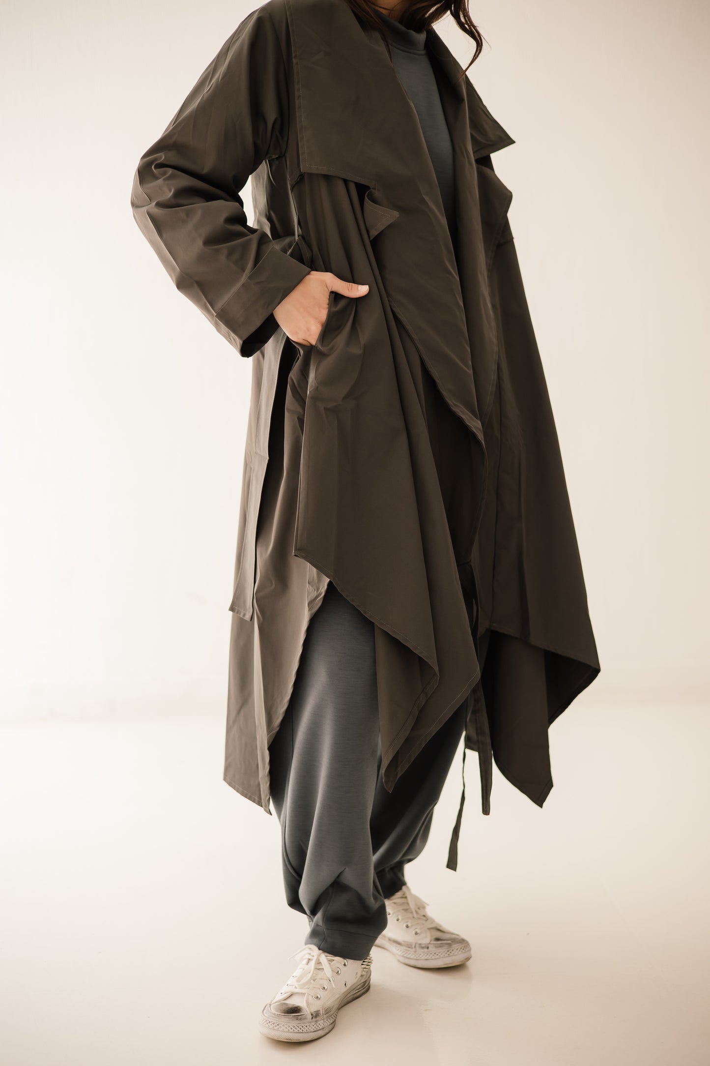 High-low Trench Coat In Dark-grey