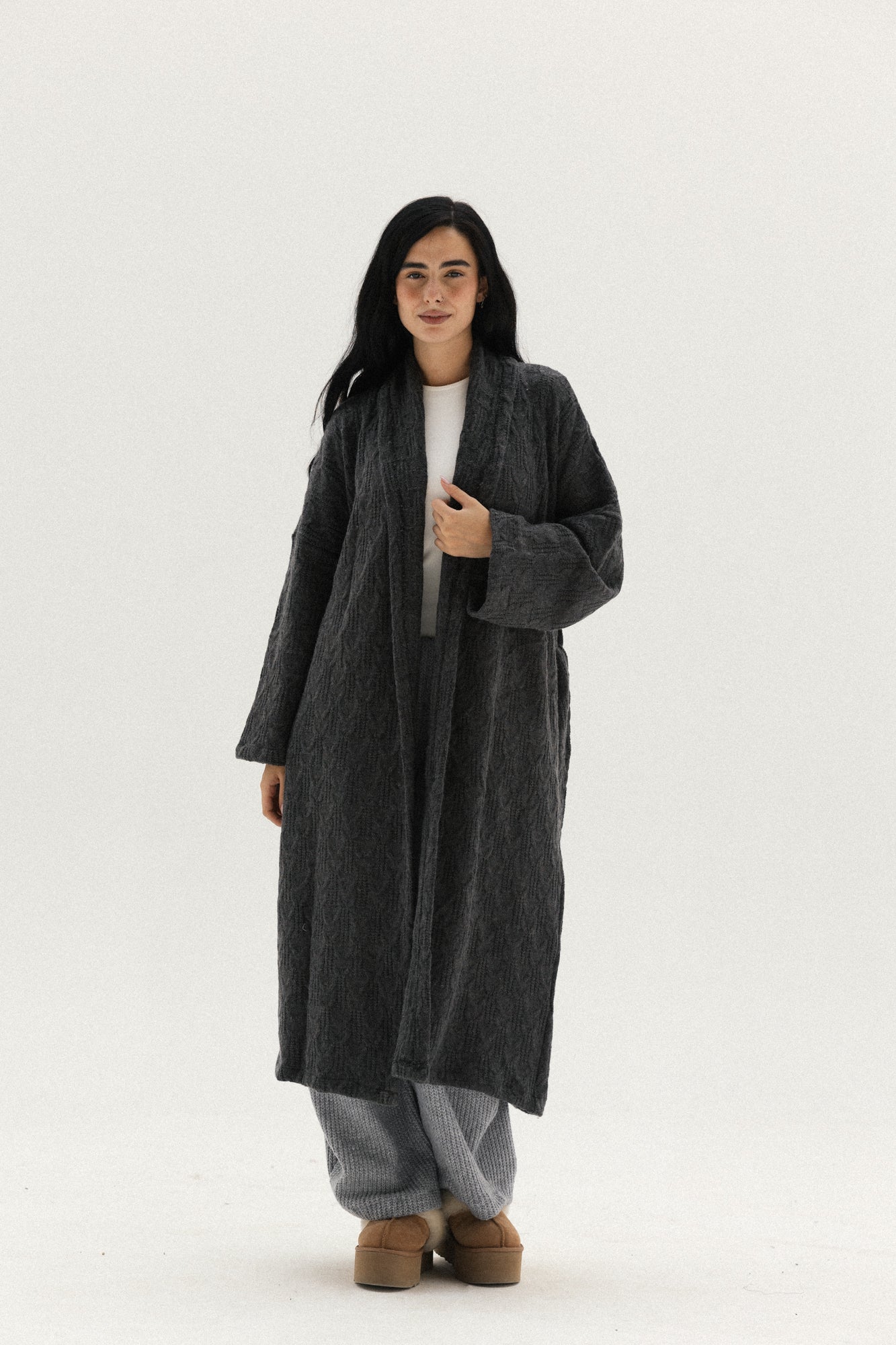 Knitted Braided Kimono In Dark-grey