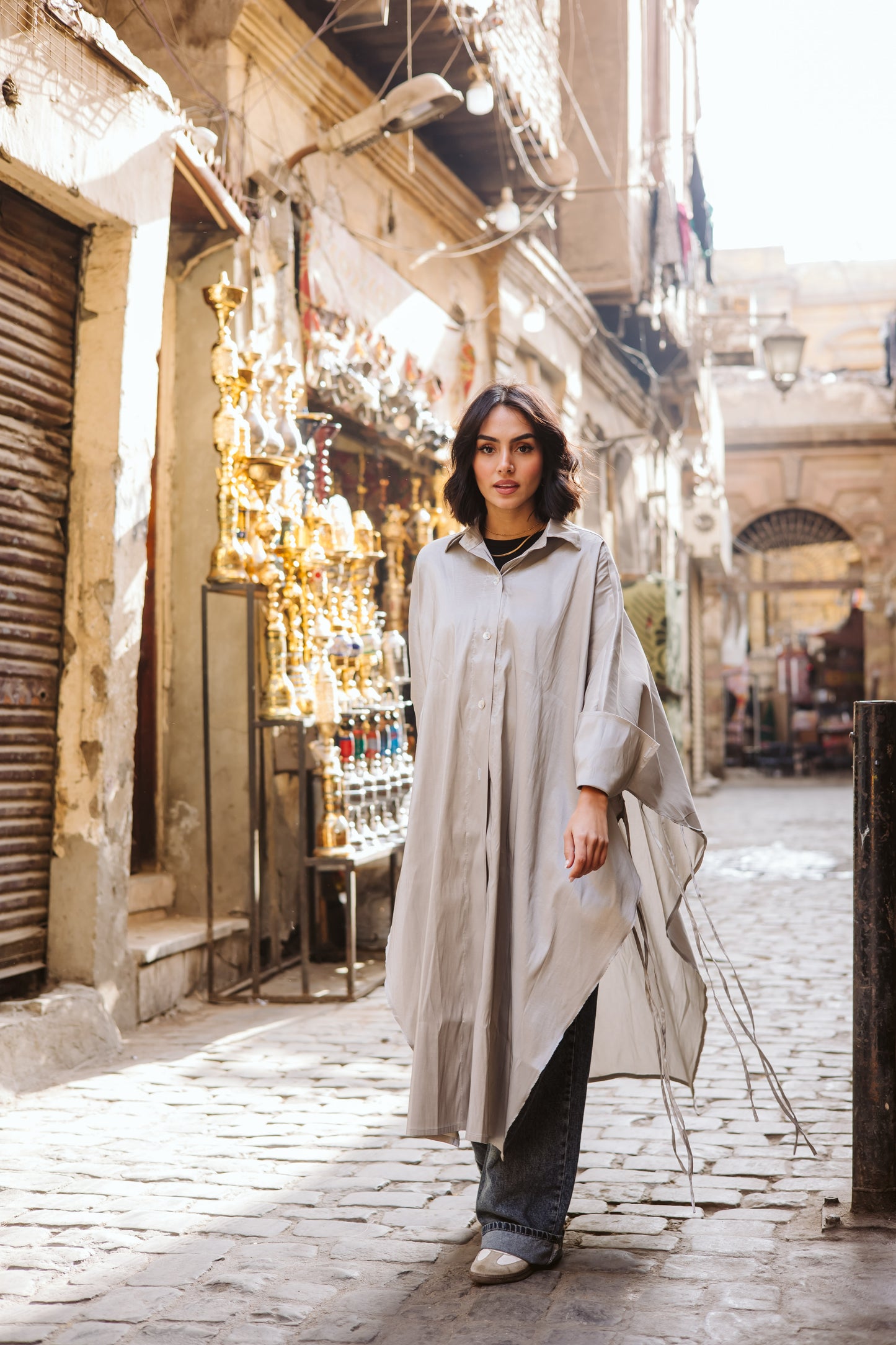 Long Fringes Kaftan In Light-Grey