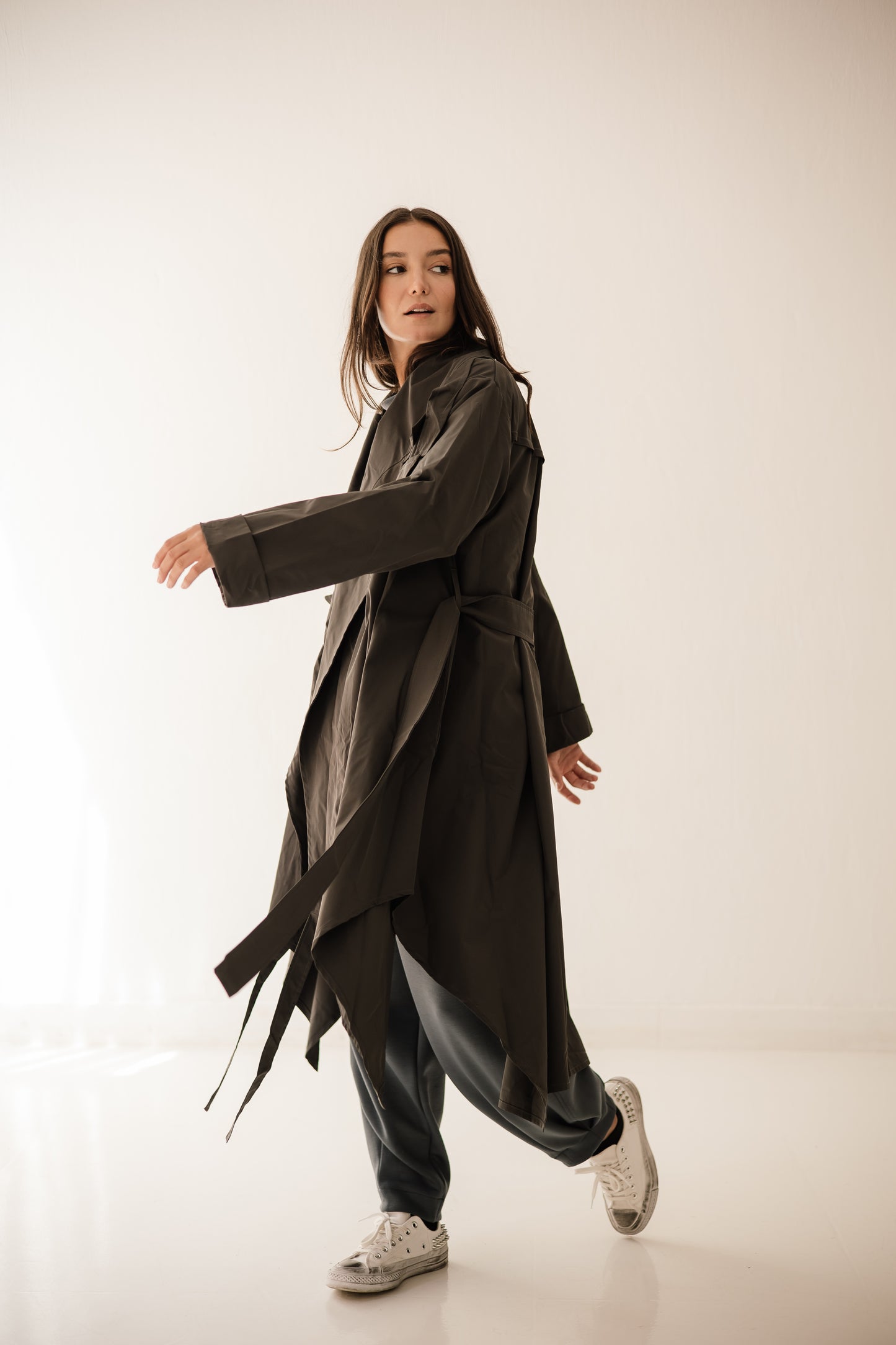 High-low Trench Coat In Dark-grey