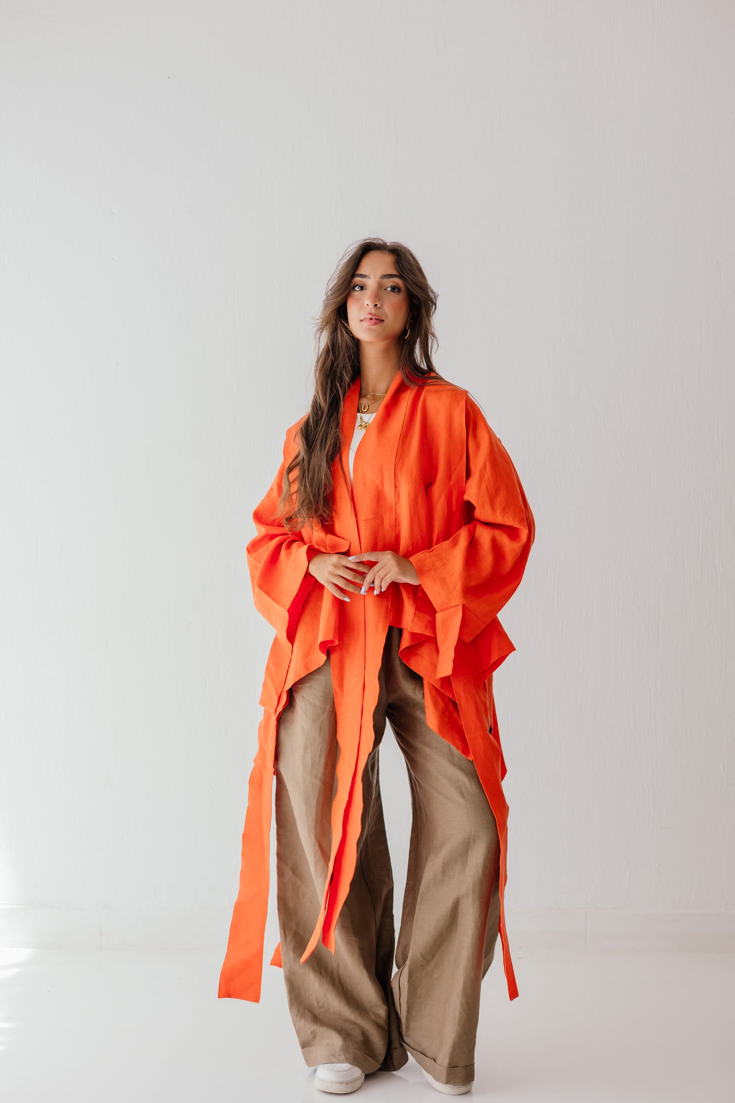 Short Double Collar Kimono In Orange