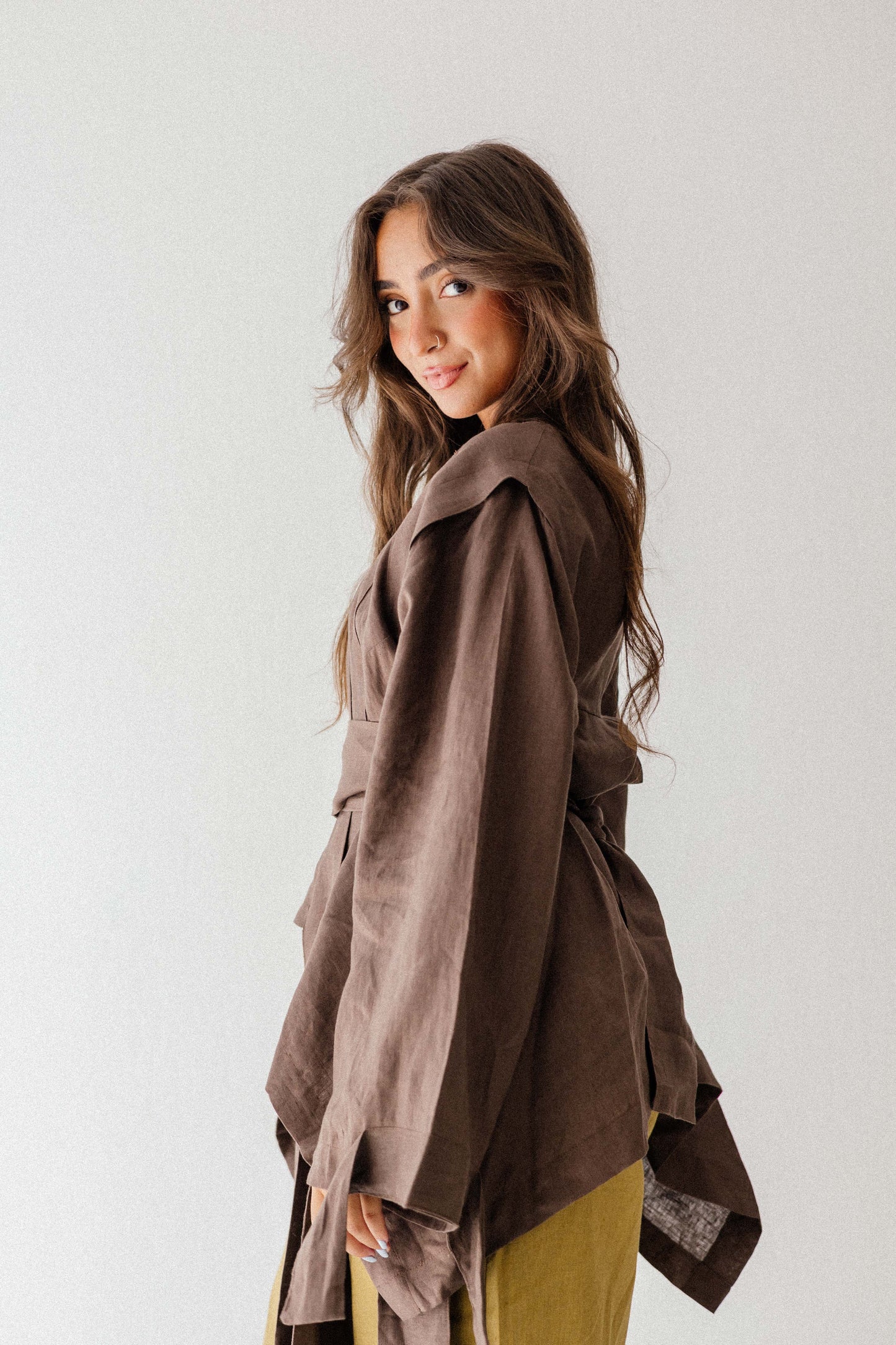 Short Double Collar Kimono In Brown