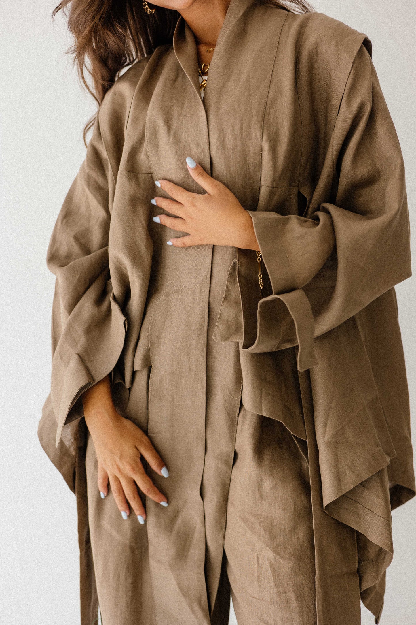 Short Double Collar Kimono In Light Brown