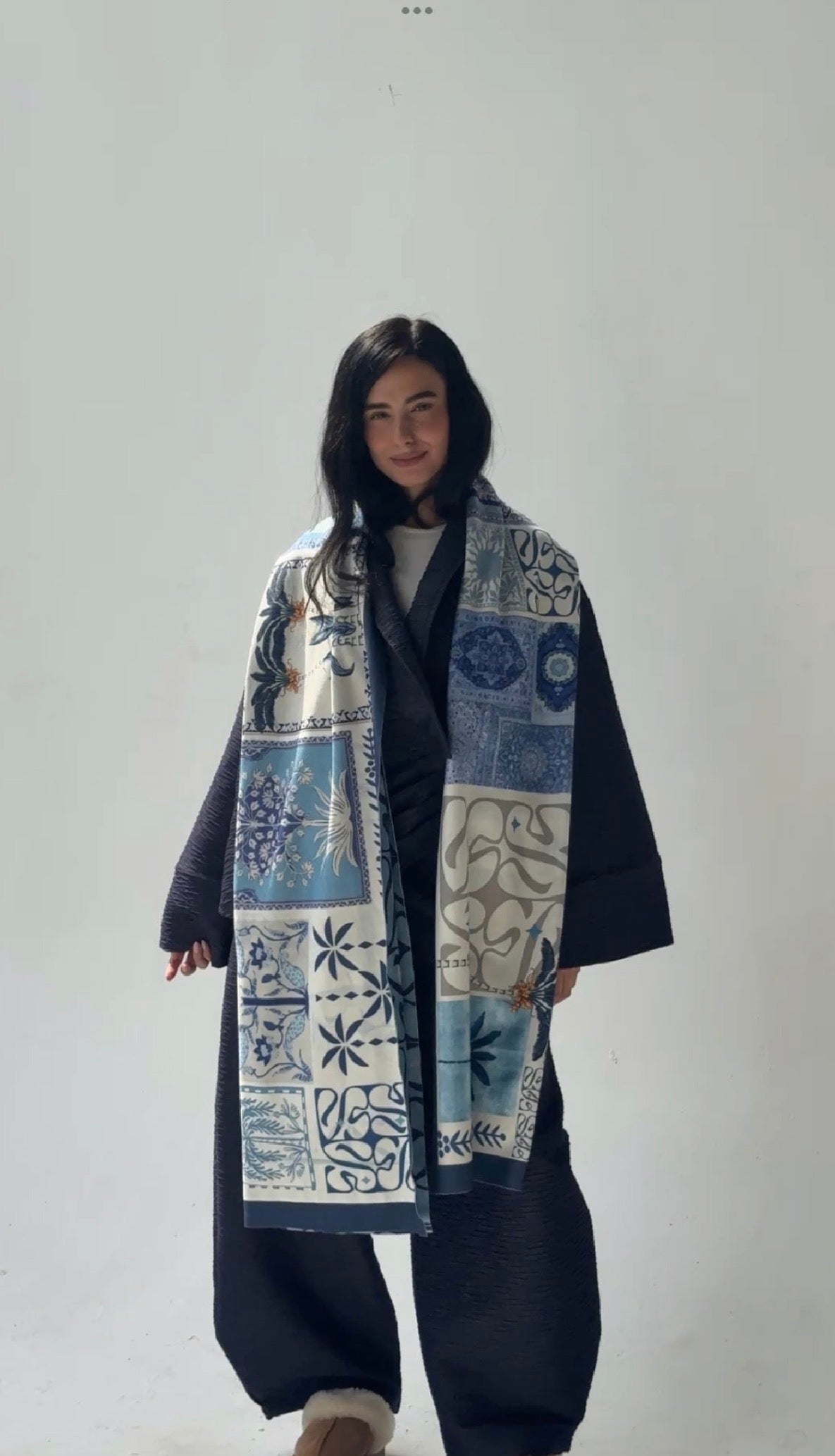 Long Blue Palm Velvet Scarf