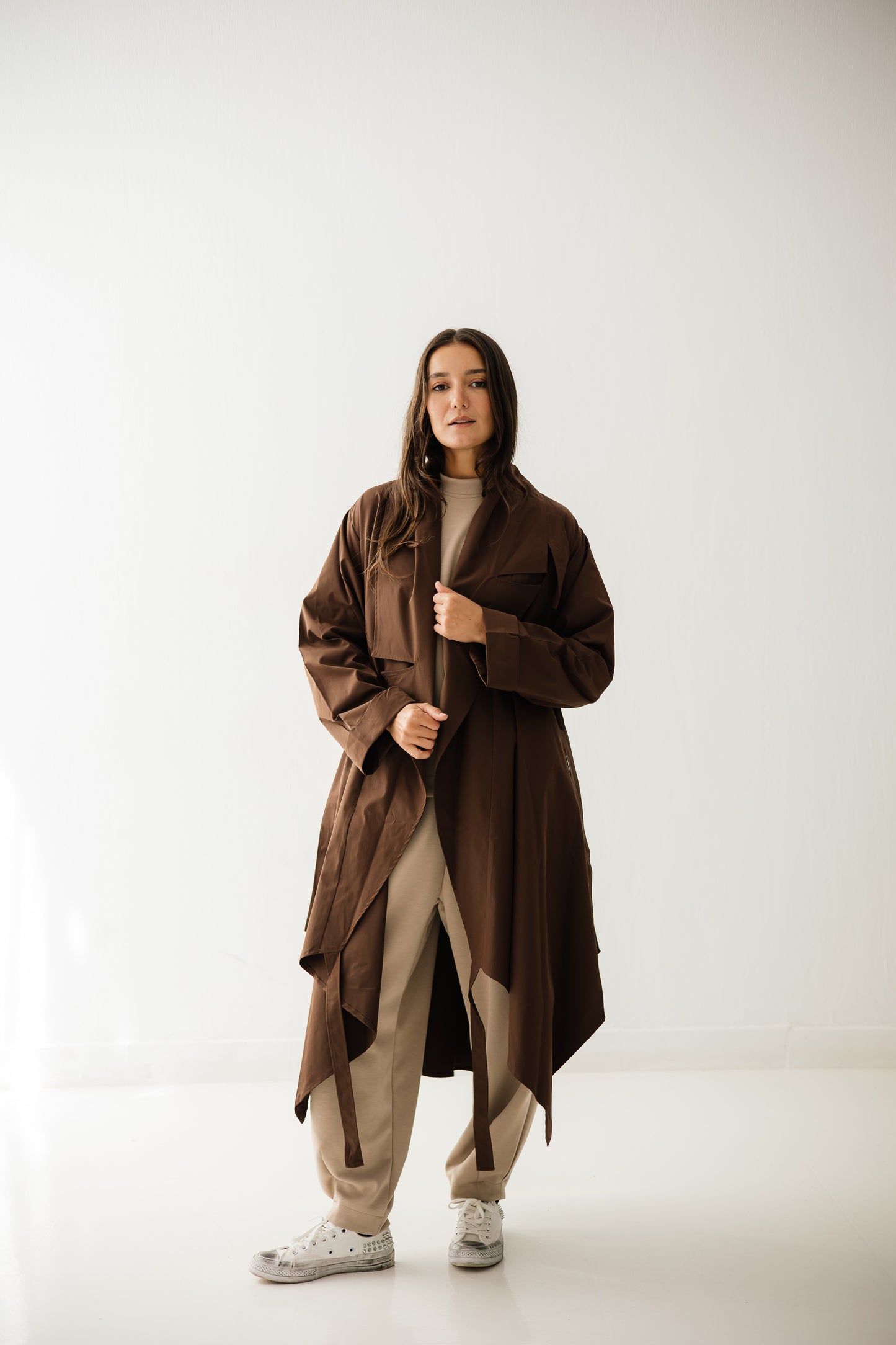 High-low Trench Coat In Brown
