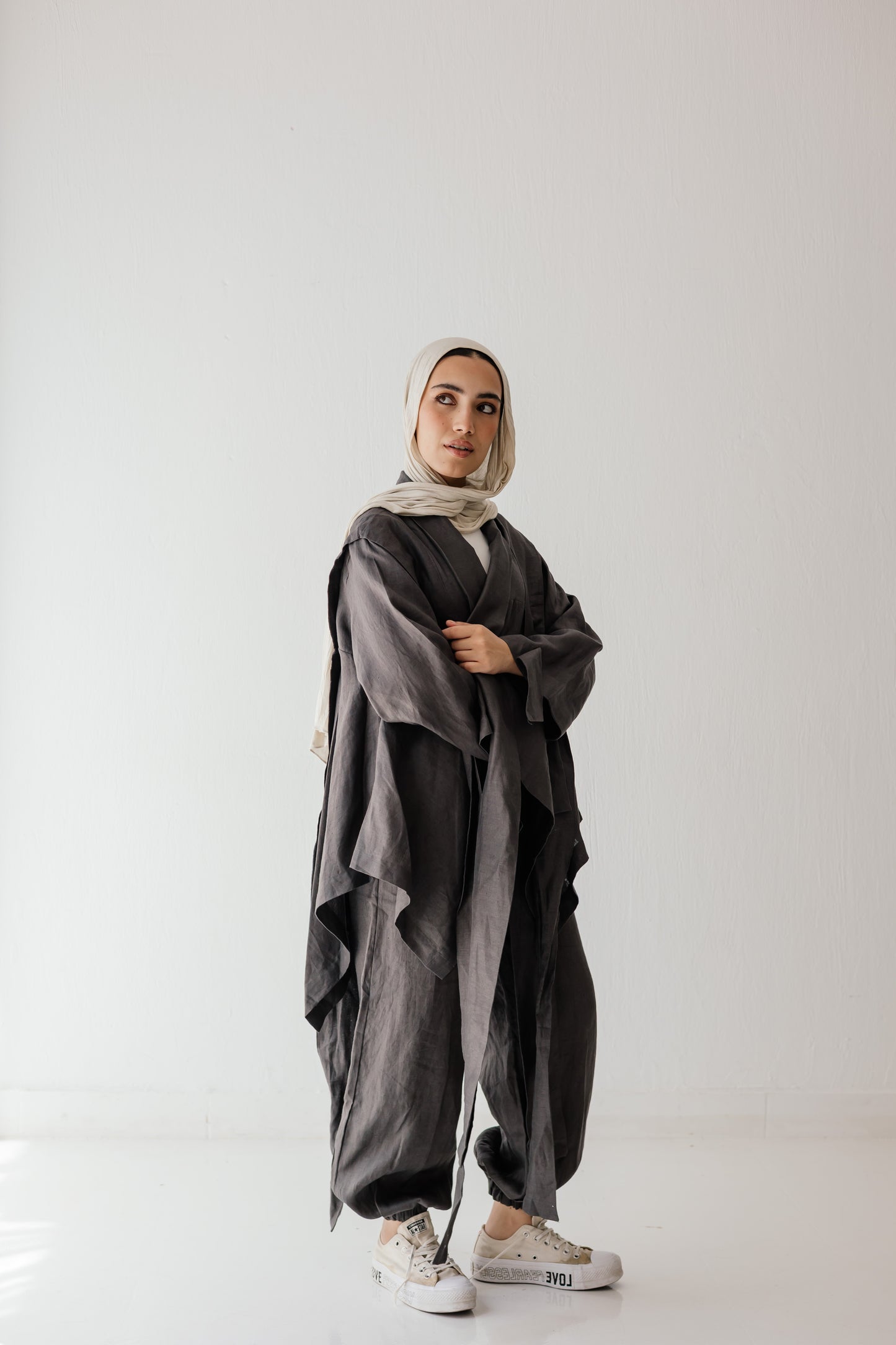 Short Double Collar Kimono In Dark-grey