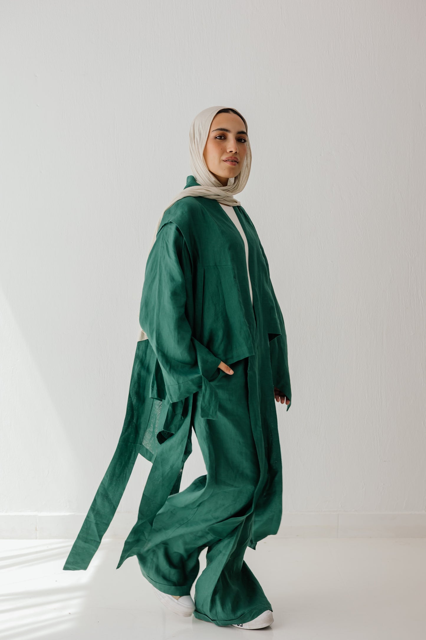 Short Double Collar Kimono In Dark Green