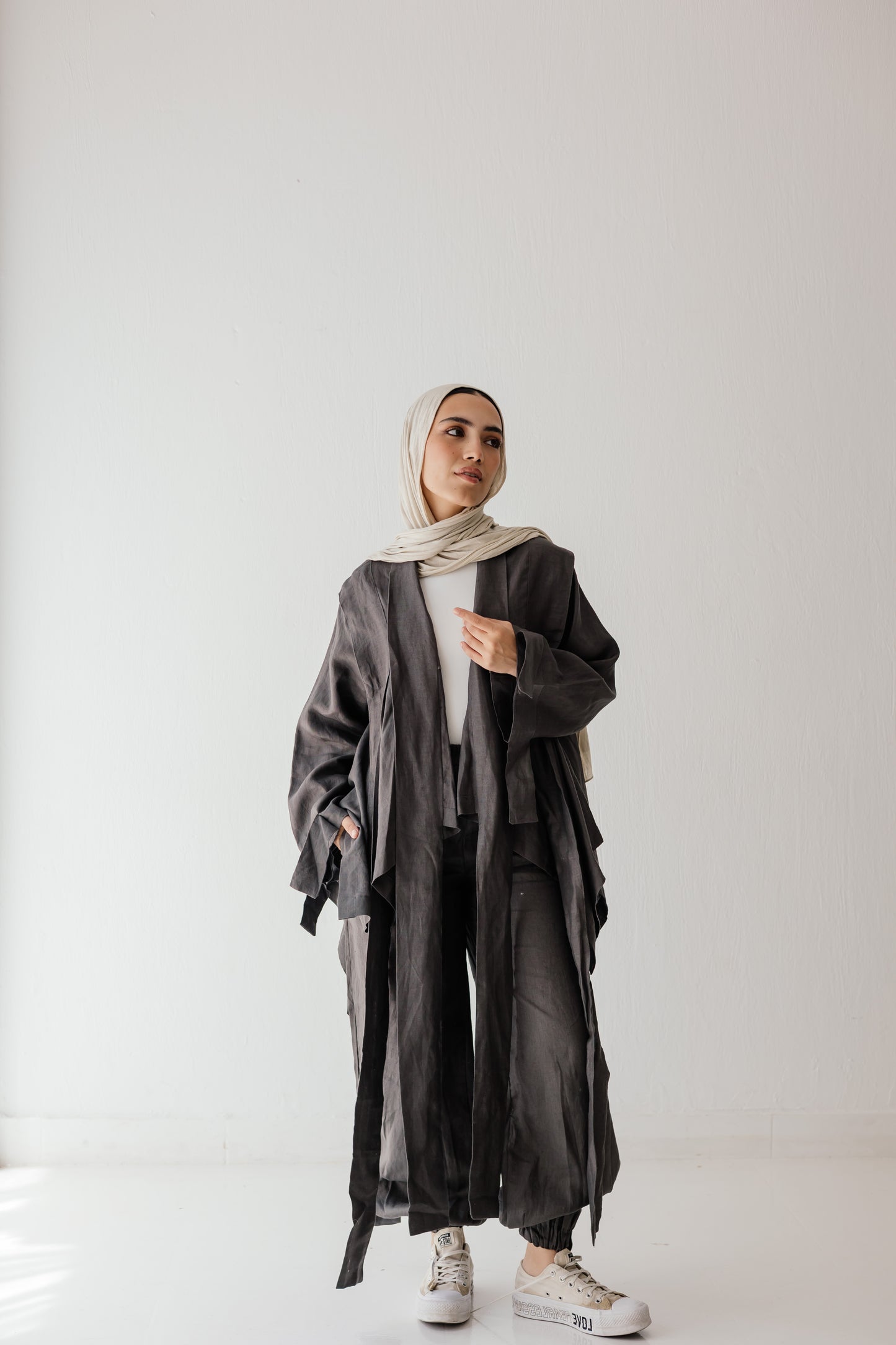 Short Double Collar Kimono In Dark-grey