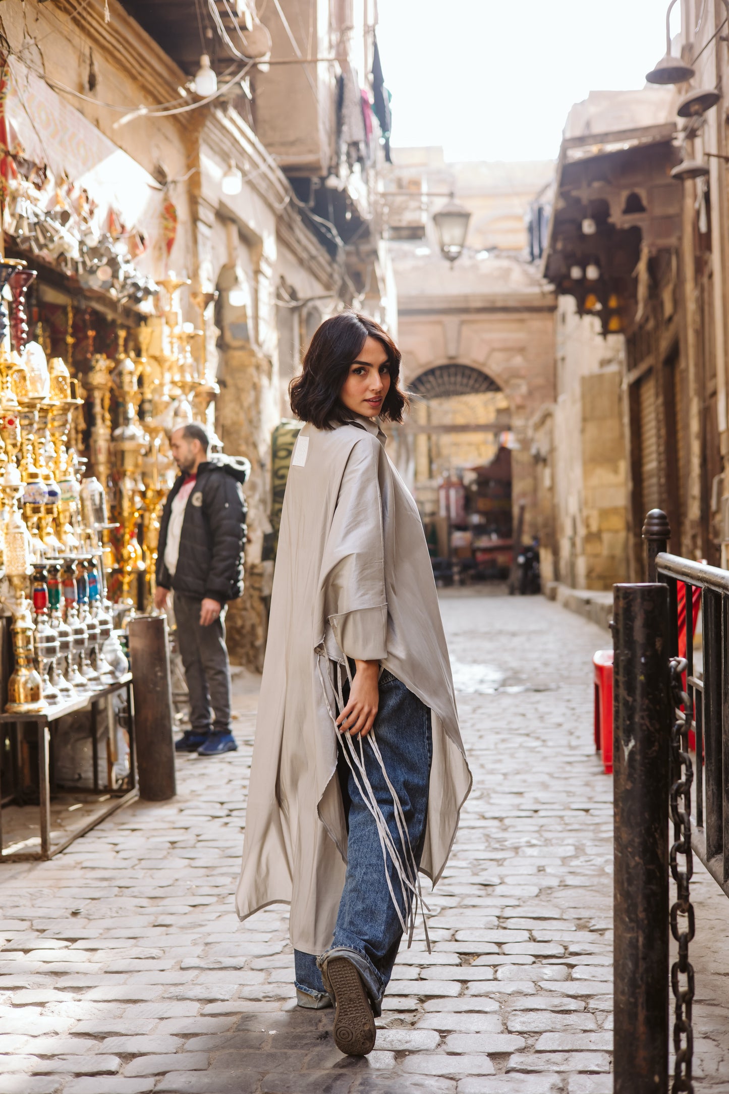 Long Fringes Kaftan In Light-Grey