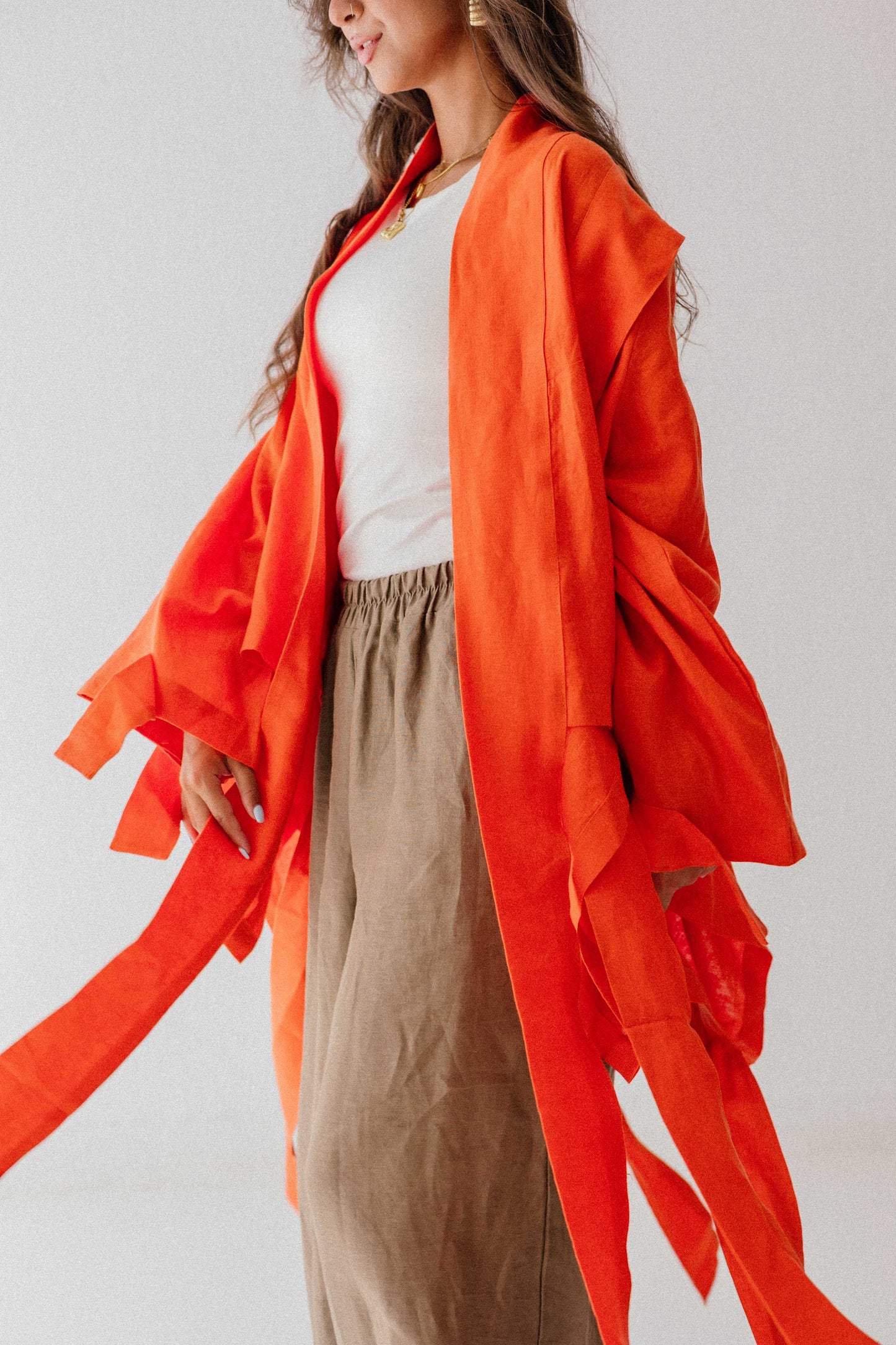 Short Double Collar Kimono In Orange