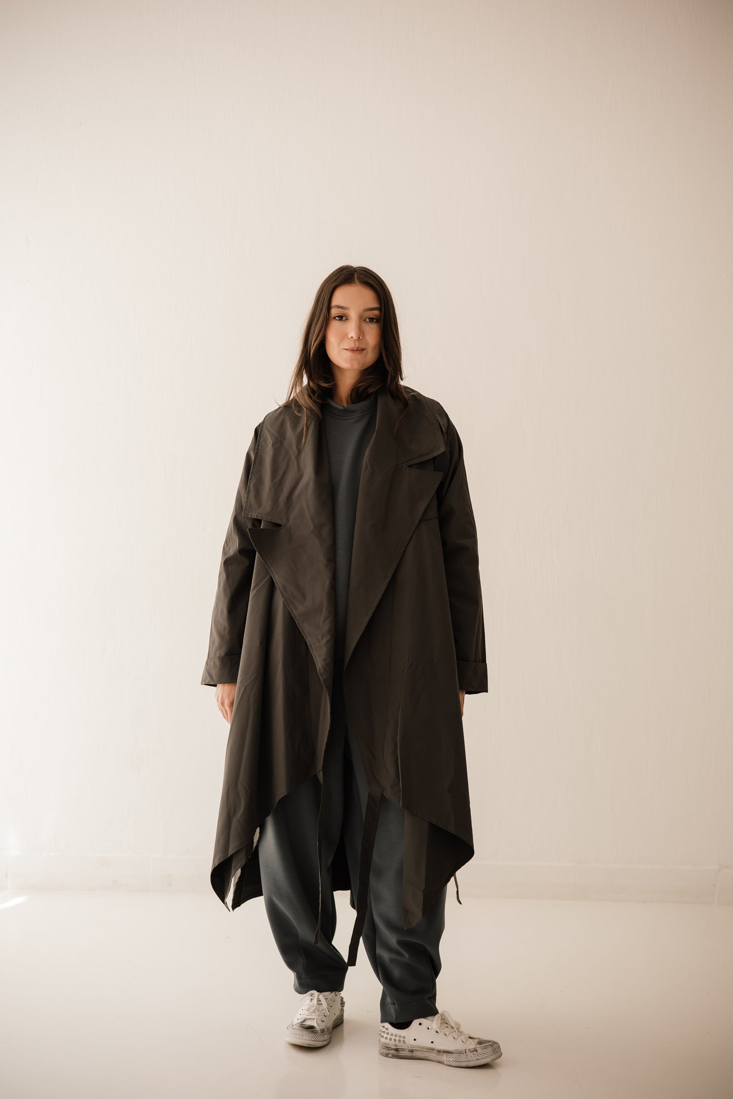 High-low Trench Coat In Dark-grey