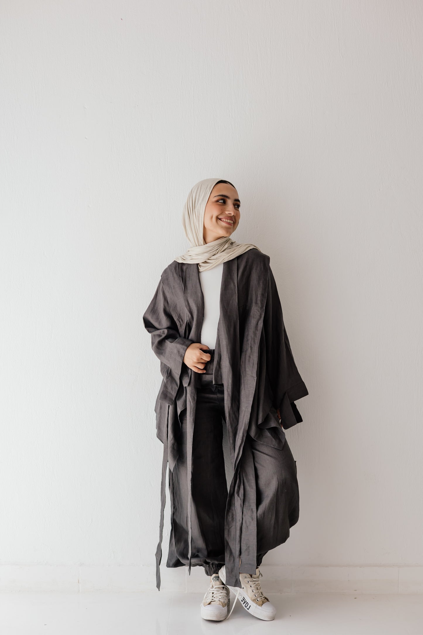 Short Double Collar Kimono In Dark-grey