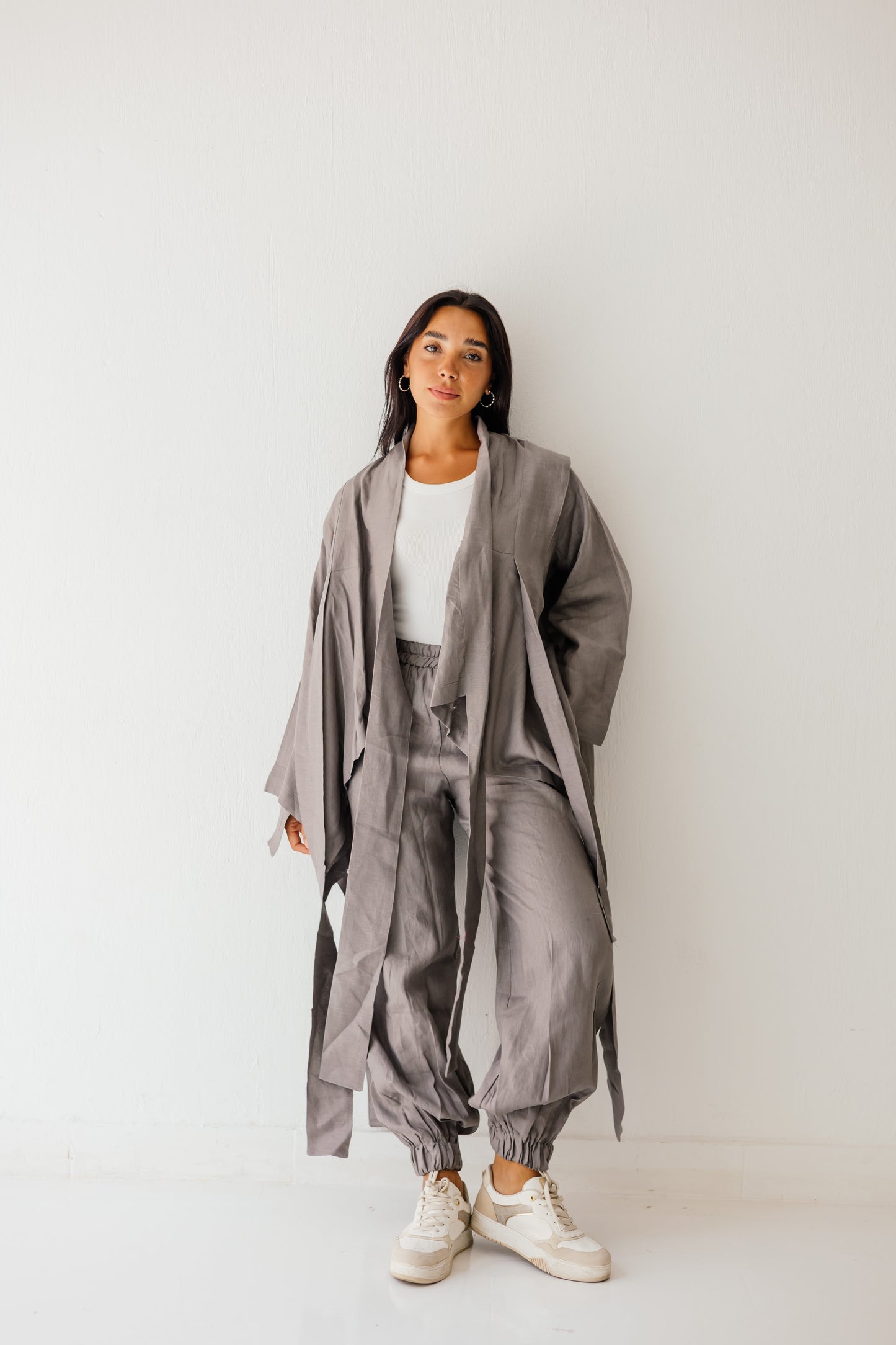 Short Double Collar Kimono In Grey