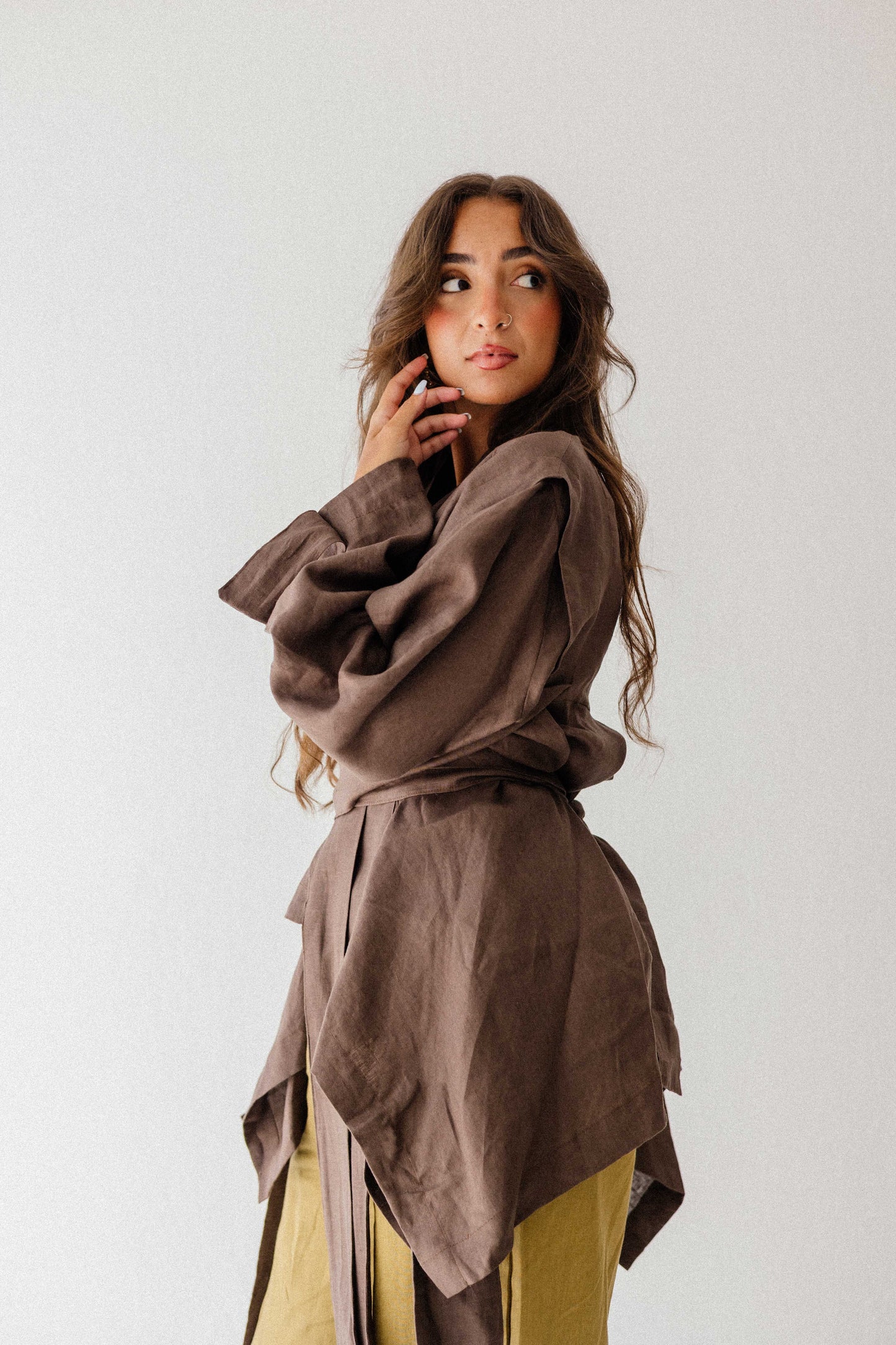 Short Double Collar Kimono In Brown